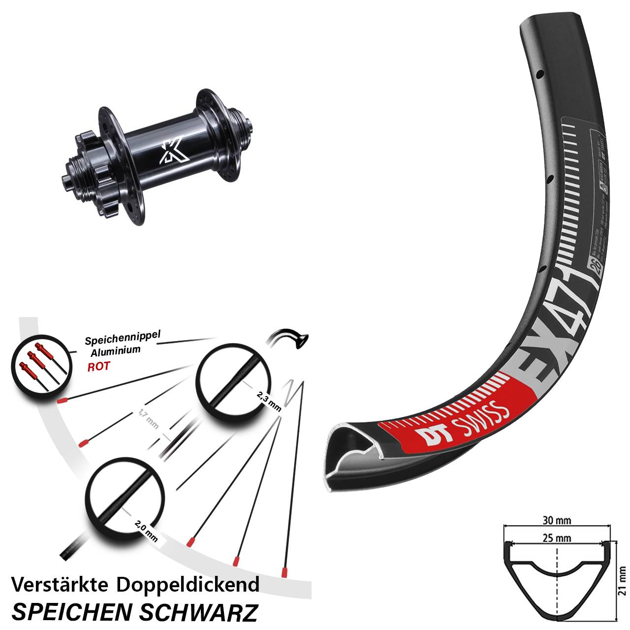 6-Loch Vorderrad 26 Zoll DT Swiss EX 471 KX-M für Schnellspanner