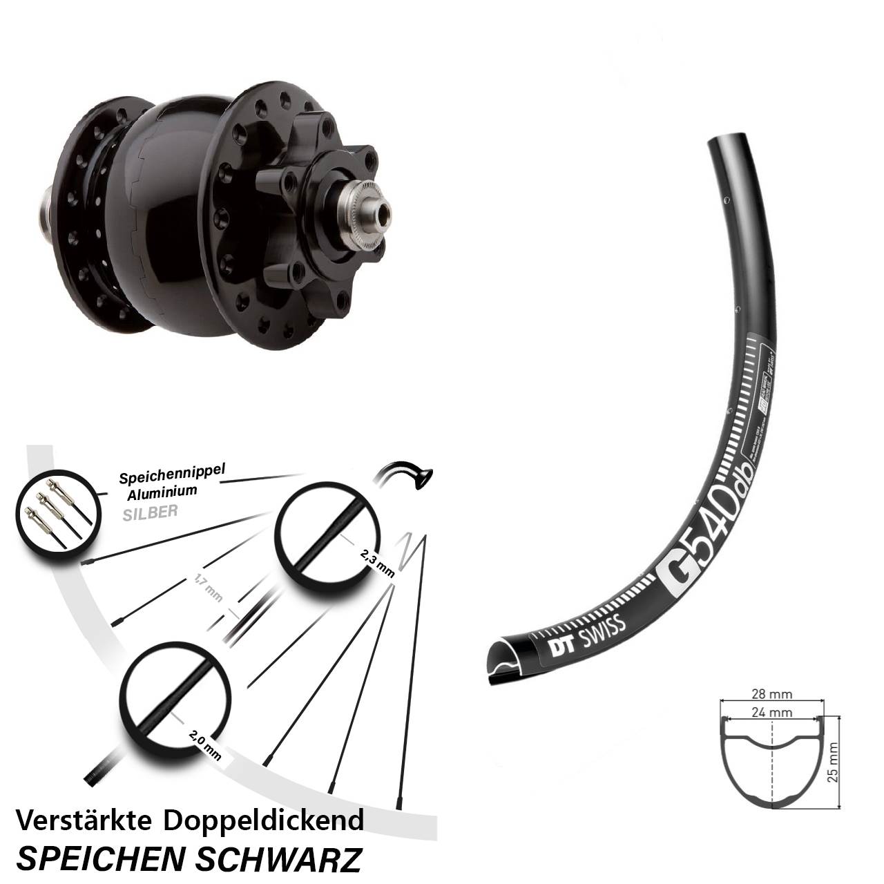 6-Loch Dynamo-Vorderrad 27,5 Zoll DT Swiss G540 SON 28 für Schnellspanner