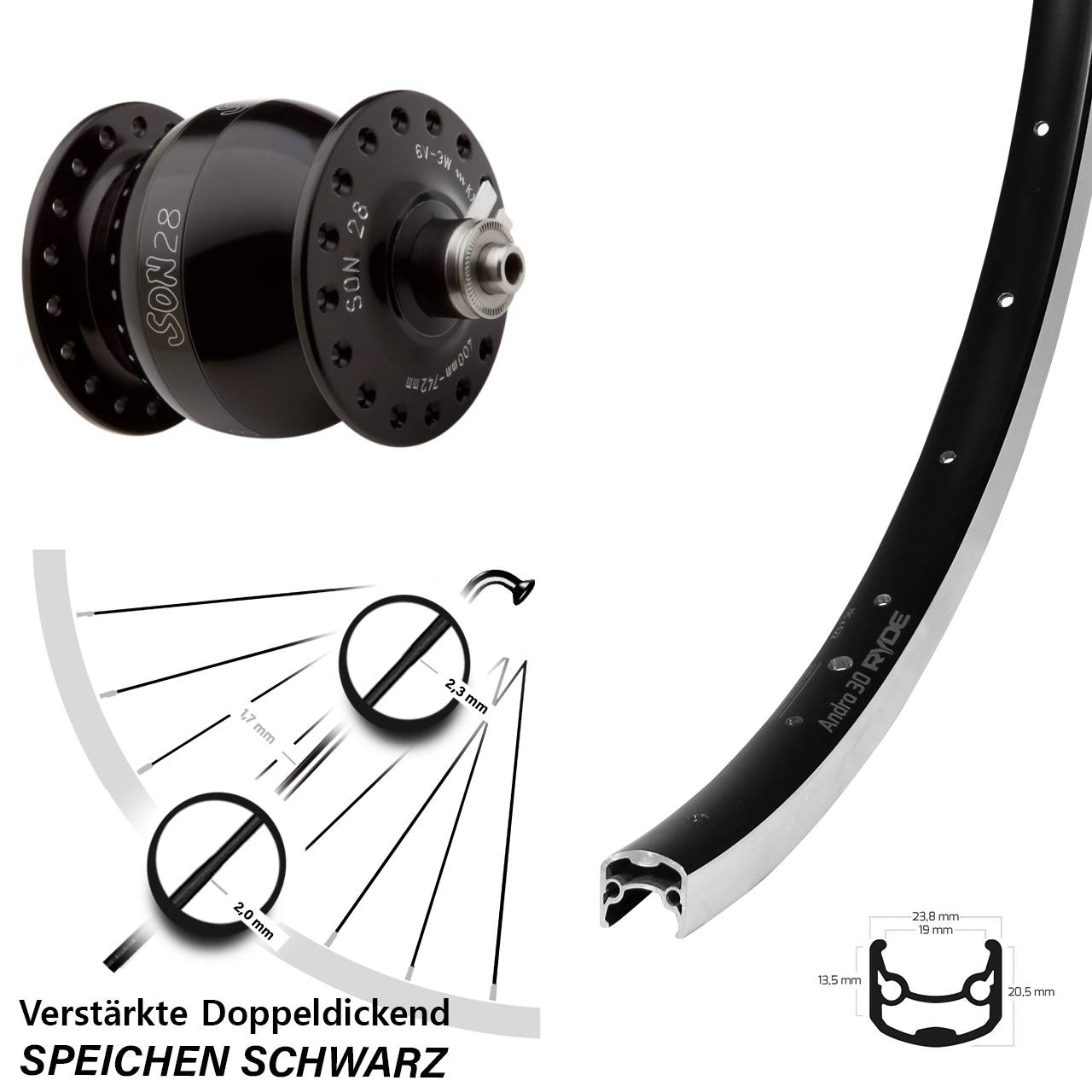 Nabendynamovorderrad QR 26 Zoll Ryde Andra 30 Son 28 schwarz