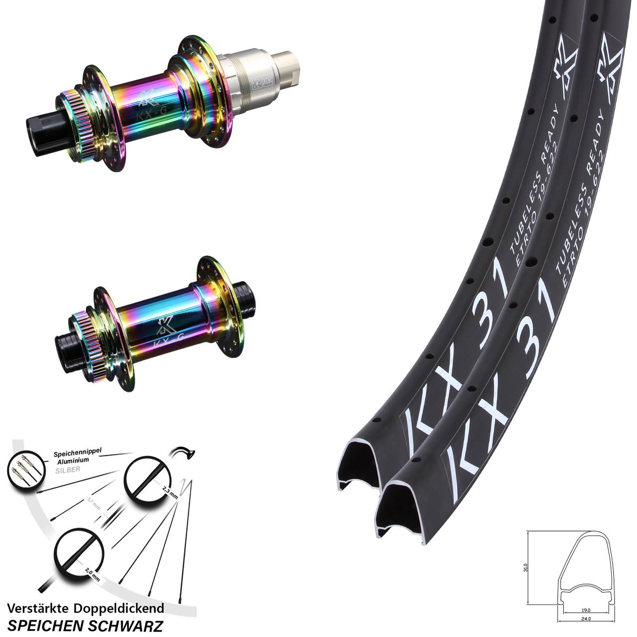 28 Zoll KX-G 31 Offset Oilslick Disc Laufrad-Satz 12x100/142 SRAM XDR