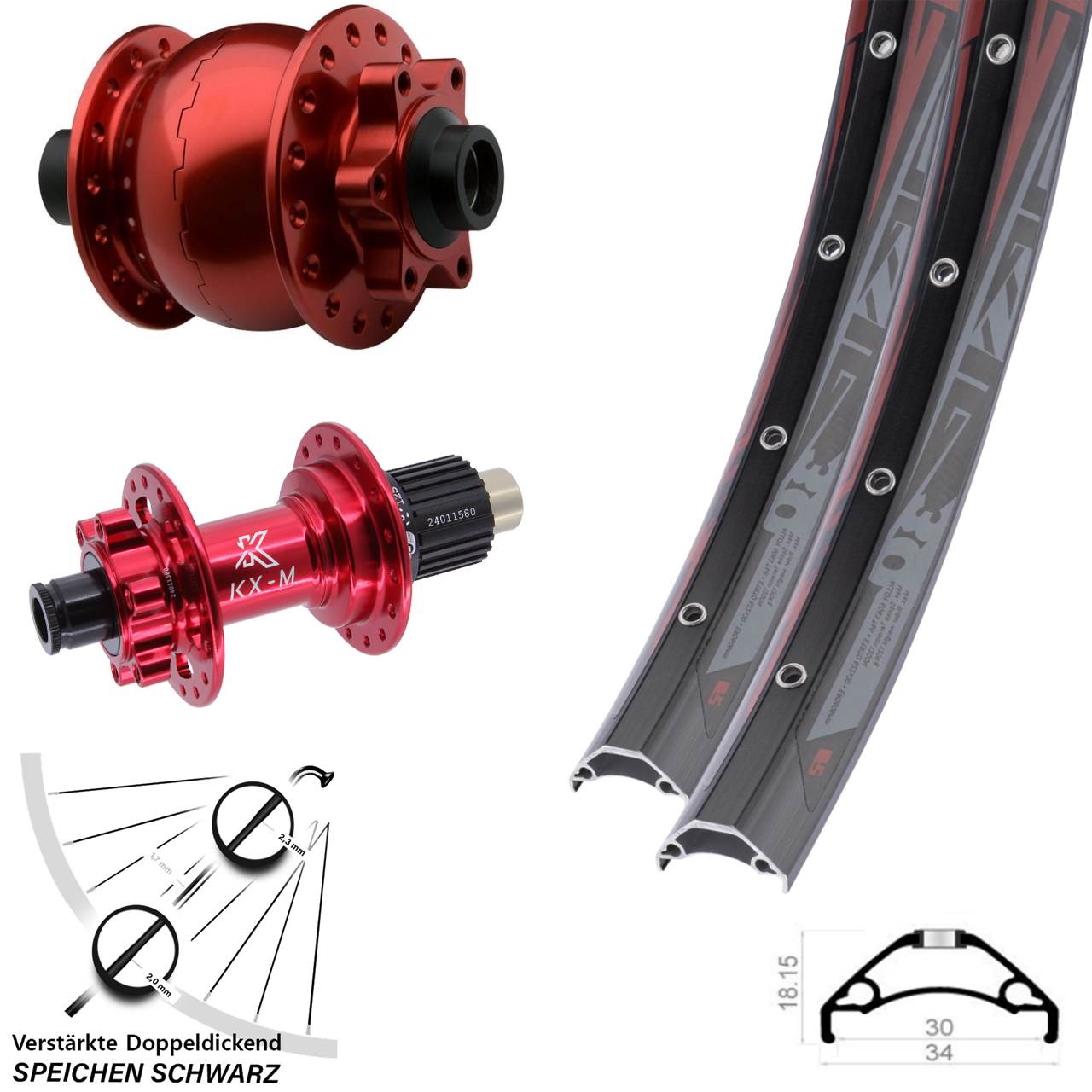 Disc Laufrad-Satz 29 Zoll Rodi TRYP 30 KX-M rot SON 28 Shimano Micro Spline 15x100 12x142