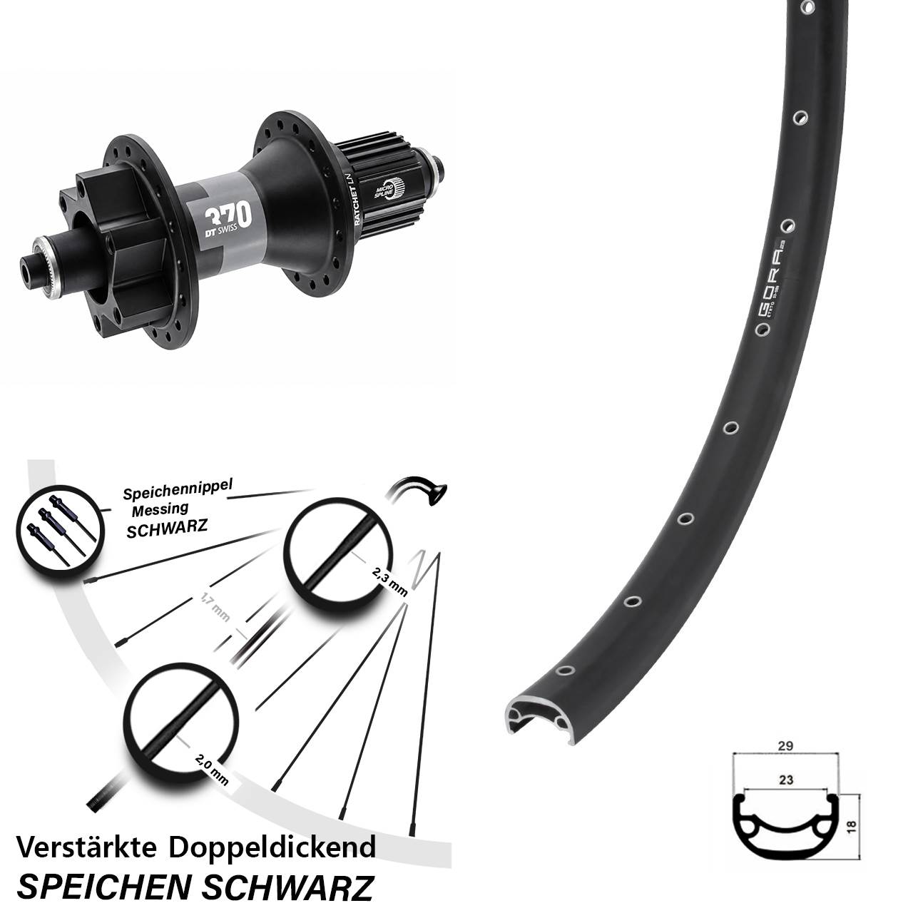 Disc Hinterrad 29 Zoll Gora 23 DT Swiss 370 Ratchet LN Micro Spline für Schnellspanner