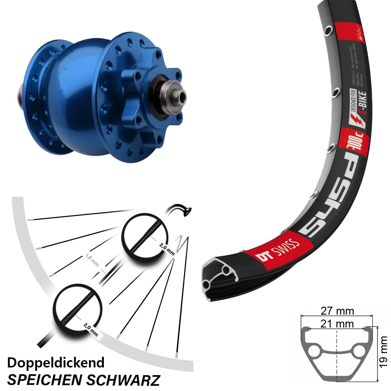 SON 28 blau DT Swiss 545 26 Zoll Disc Laufrad mit Nabendynamo QR