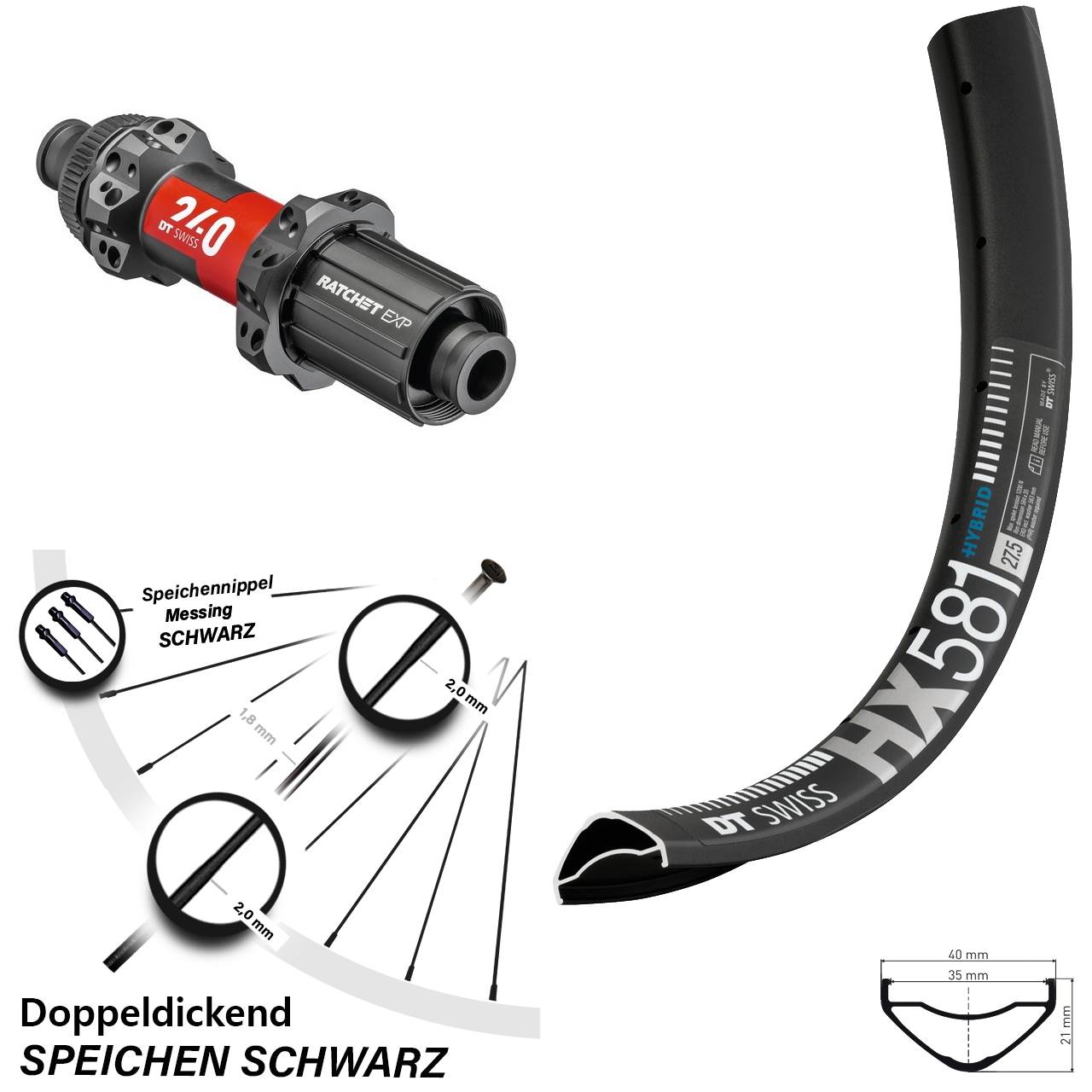 DT Swiss HX581-240 EXP Straightpull CL Boost Hinterrad 27,5 Zoll Shimano HG 8-11 fach