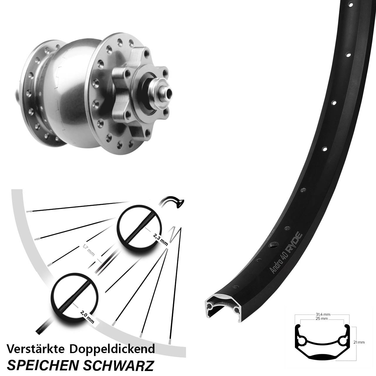 6-Loch Vorderrad mit Nabendynamo für Schnellspanner 27,5 Zoll Ryde Andra 40 SON 28 silbern