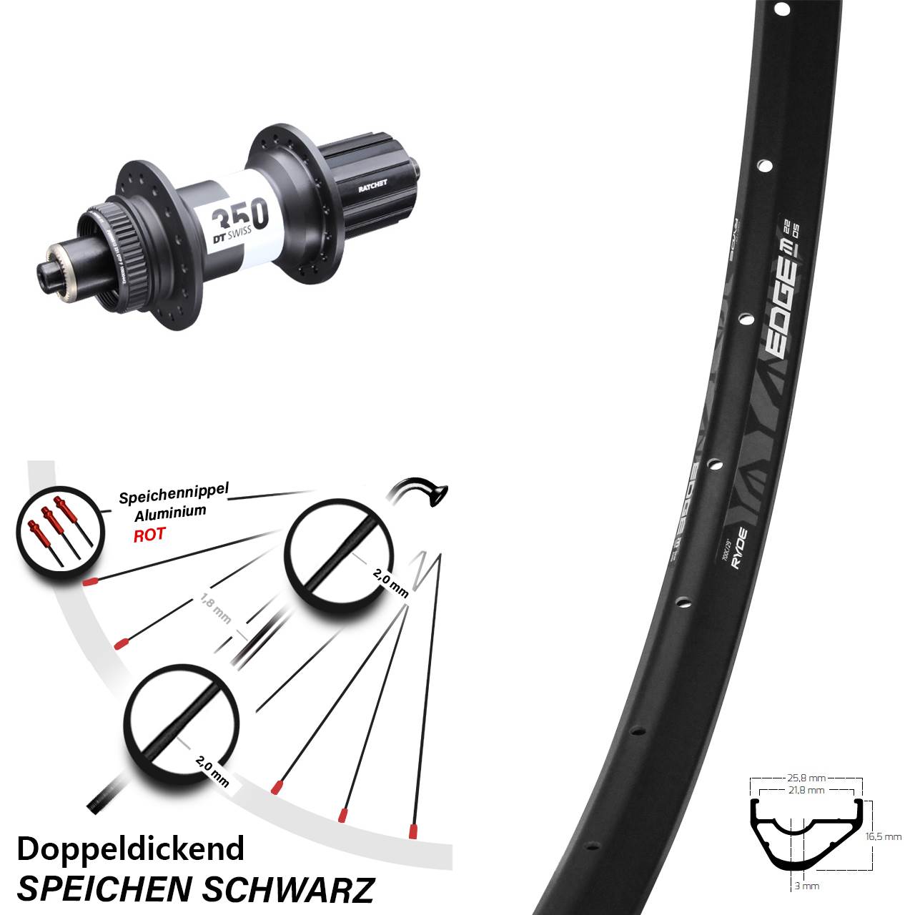 Ryde Edge M22 DT Swiss 350 28-29 Zoll Centerlock Hinterrad QR 8-11 fach