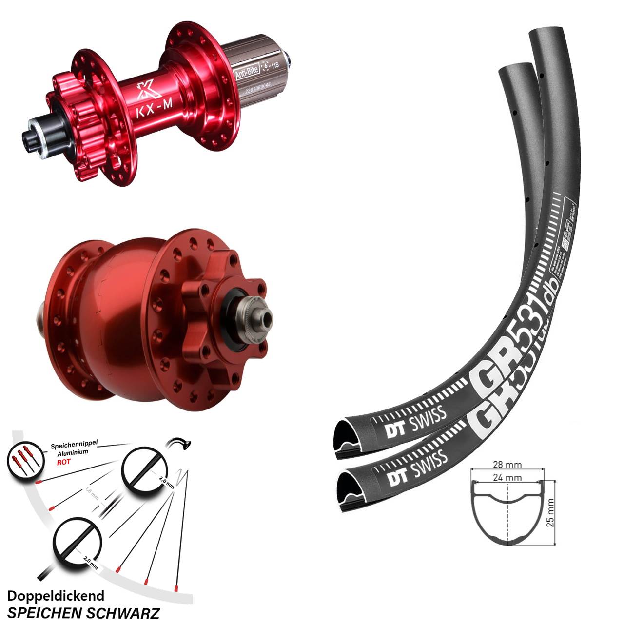 Laufradsatz DT Swiss GR 531 Gravel KX-M 6-loch 11-fach Schnellspanner SON 28 Dynamo rot