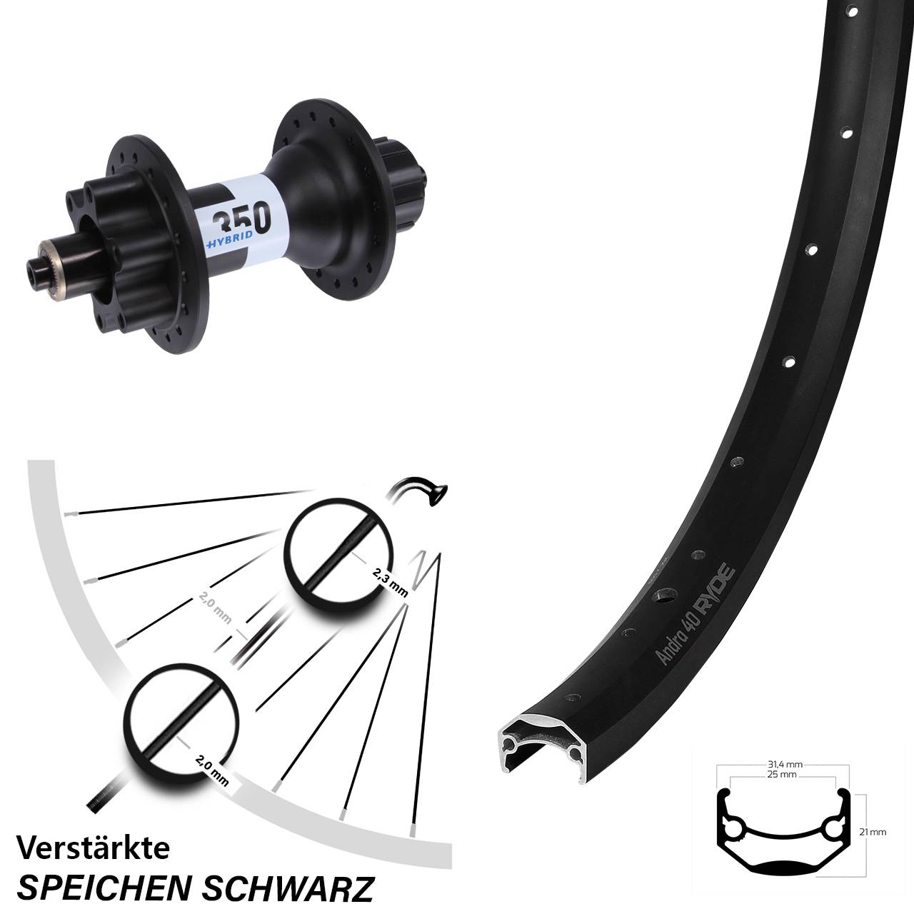 Hinterrad 26 Zoll Ryde Andra 40 DT Swiss 350 Hybrid Singlespeed 6-Loch
