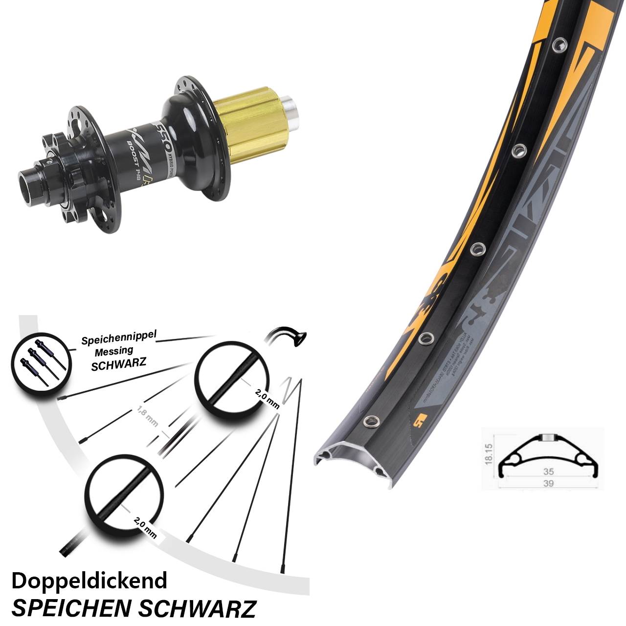 Disc Hinterrad 27,5 Zoll Rodi TRYP 35 Miche XMH 550 8-11 fach HG 12x148 Boost