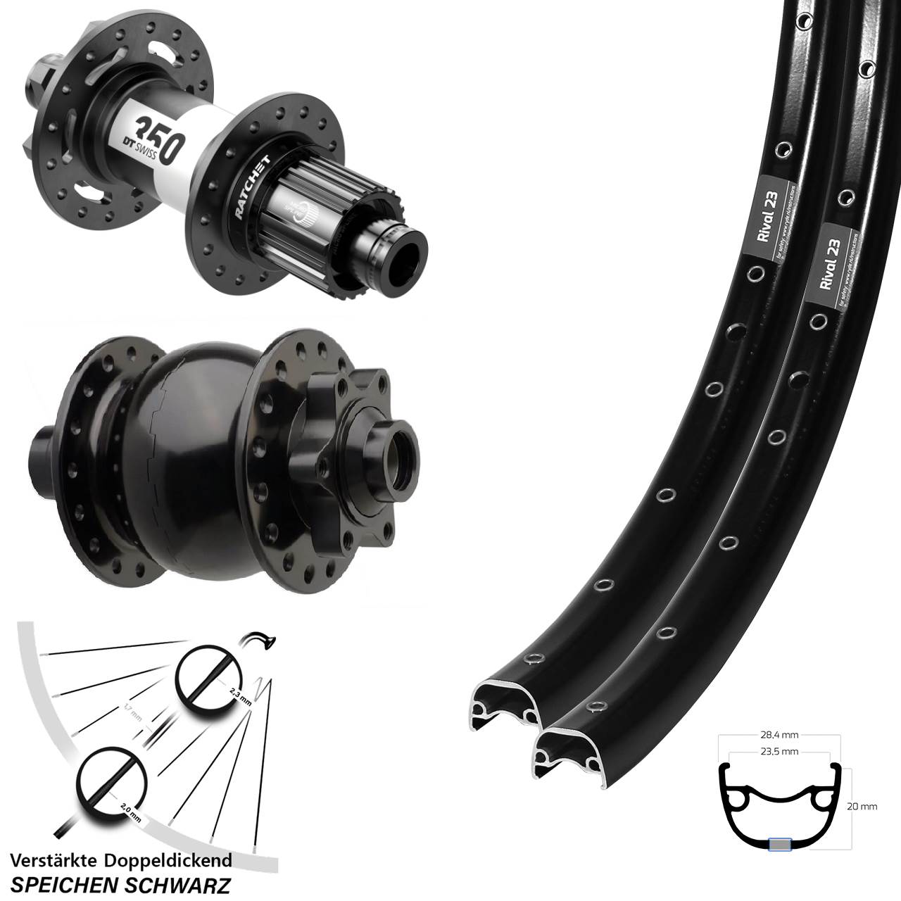 Disc Laufradsatz 27,5 Zoll Ryde Rival 23 DT Swiss 350 SON 28 Micro Spline Boost