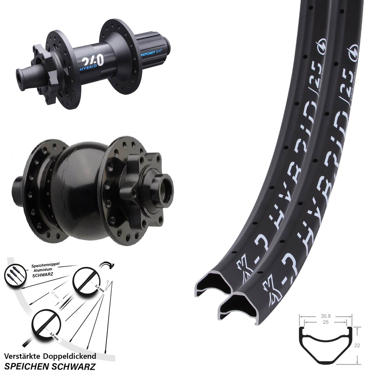 27,5 Zoll Laufradsatz E-Bike DT Swiss 240 Boost Ratchet 36 SON 28 KX-R Hybrid