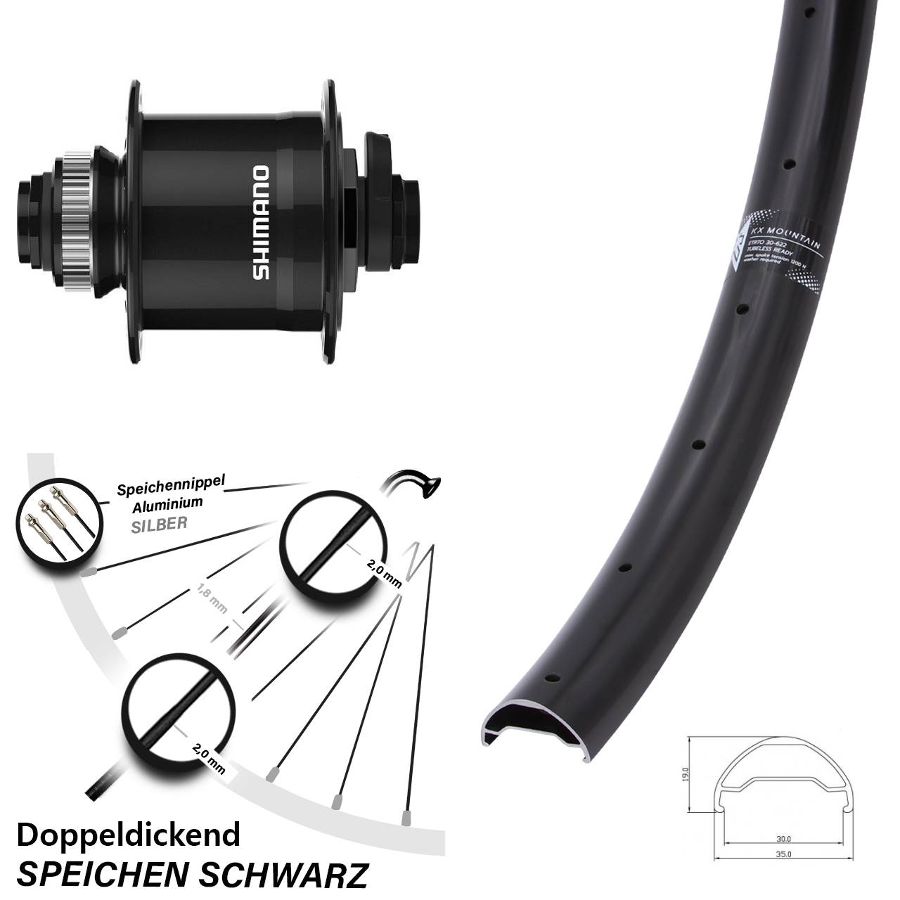 KX Mountain TR Shimano DH-UR708 29 Zoll Disc Vorderrad mit Nabendynamo 15x100