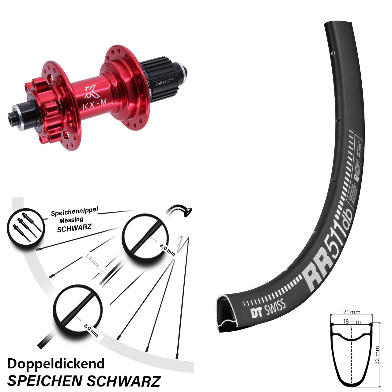 Hinterrad 6-Loch für Schnellspanner 28 Zoll DT Swiss RR511 KX-M rot Shimano Micro Spline