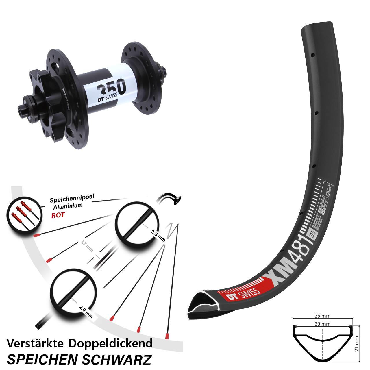 6-Loch Vorderrad für Schnellspanner 27,5 Zoll DT Swiss XM481-350