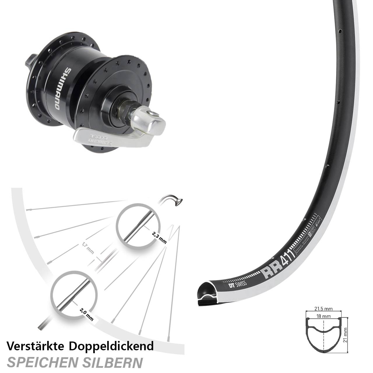 Vorderrad mit Nabendynamo 28 Zoll DT Swiss RR 411 Shimano DH-3N72 für Schnellspanner