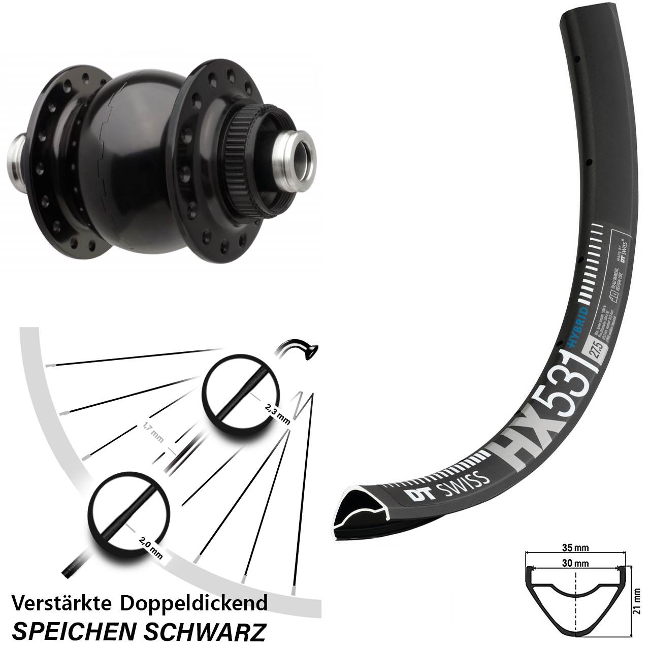 Nabendynamo-Vorderrad Centerlock 29 Zoll DT Swiss HX 531 SON 28 12x110 Boost