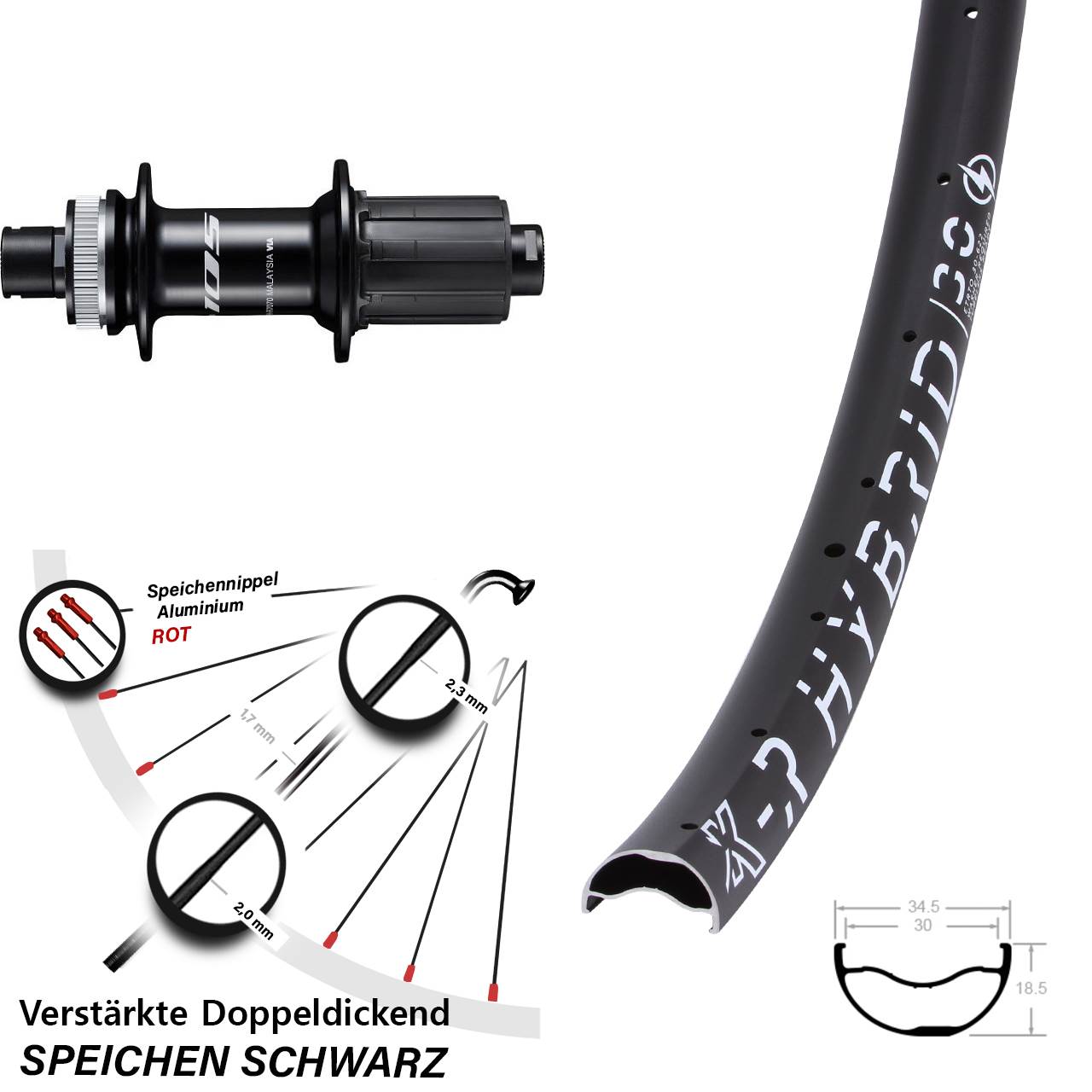 29 Zoll KX-R Hybrid 30 Shimano 105 FH-R7070 Centerlock Hinterrad 12x142 8-12 fach HG