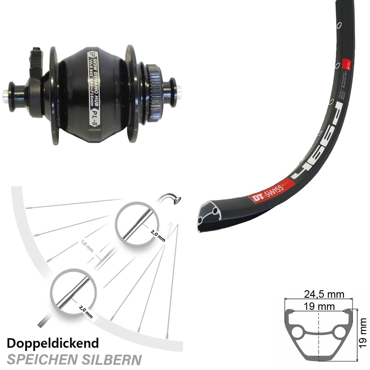 Vorderrad 28 Zoll DT Swiss 466 Shutter PL8 Nabendynamo QR Centerlock