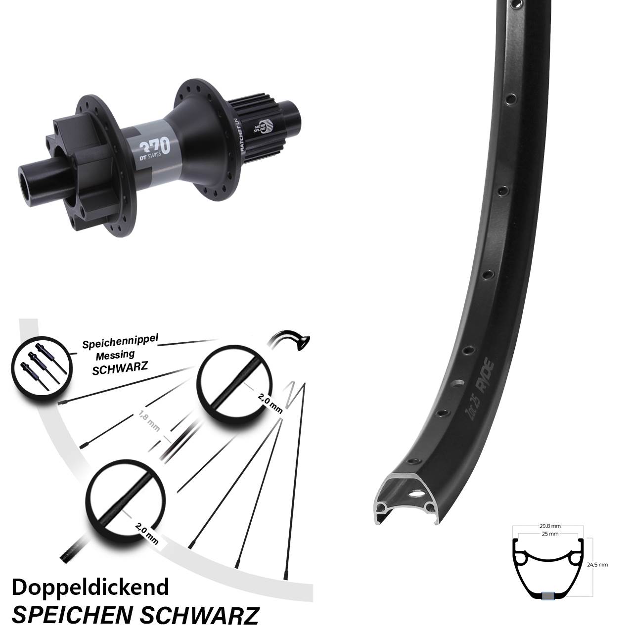 Ryde ZAC 25 DT Swiss 370 28-29 Zoll Disc Laufrad 12x142 Micro Spline