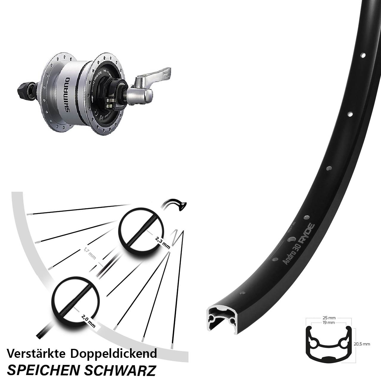 Ryde Andra 30 Disc Shimano DH-3D72 28 Zoll Centerlock Dynamovorderrad für Schnellspanner