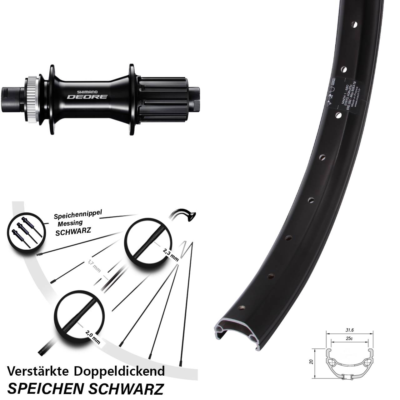 20 Zoll Mach1 Kargo Shimano Deore Disc Laufrad 12x142 8-11 fach HG