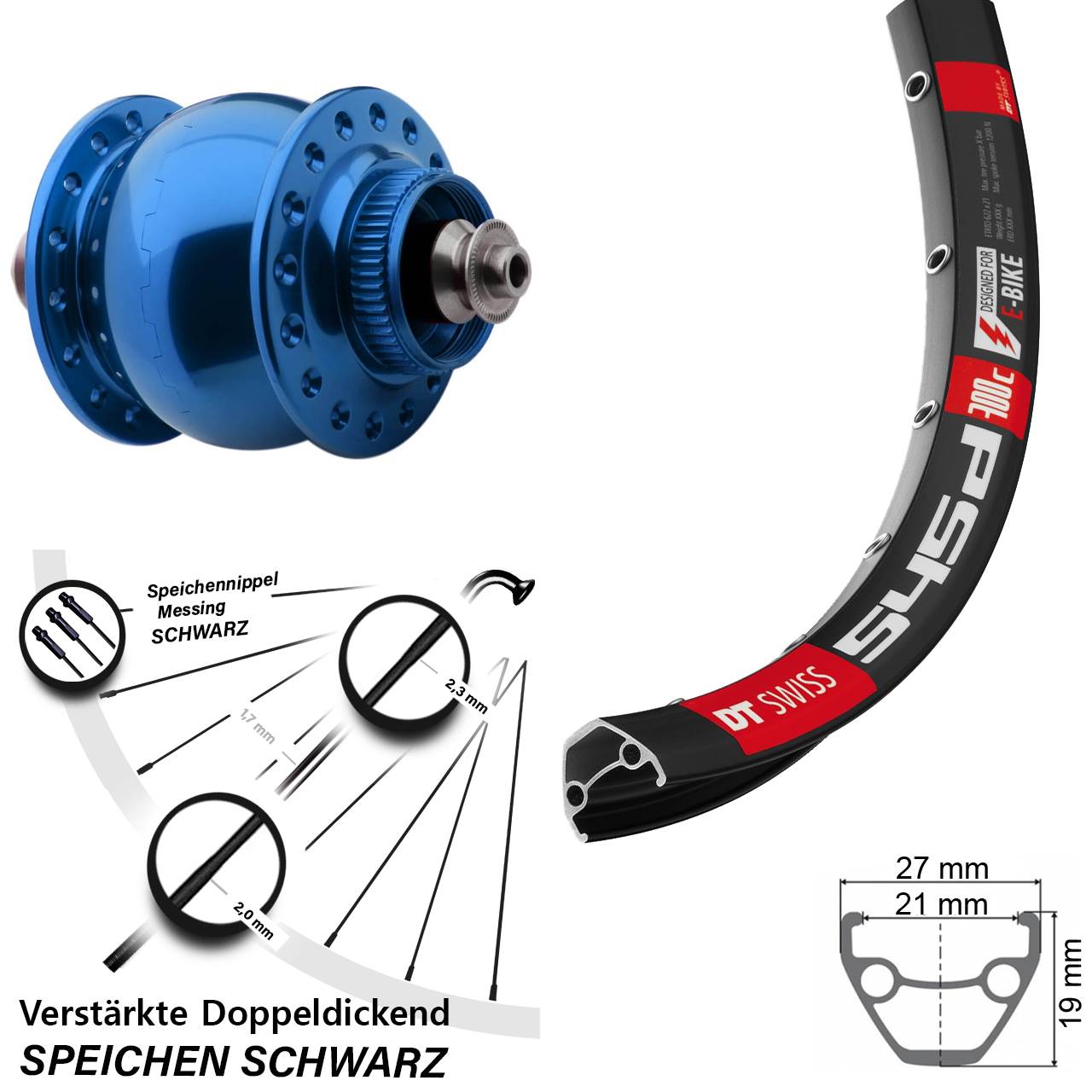 28-29 Zoll DT Swiss 545d SON 28 blau Centerlock Vorderrad mit Nabendynamo QR