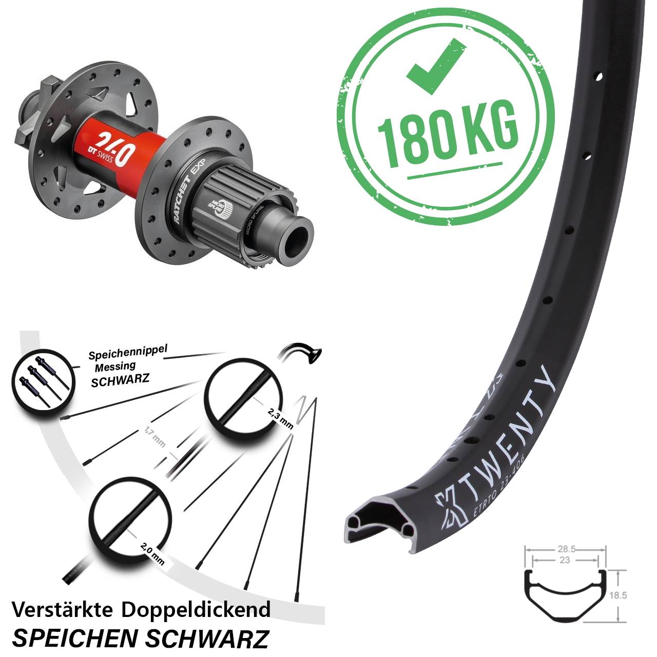 Hinterrad 6-Loch 20 Zoll KX Twenty DT Swiss 240 EXP Micro Spline 12x148 Boost