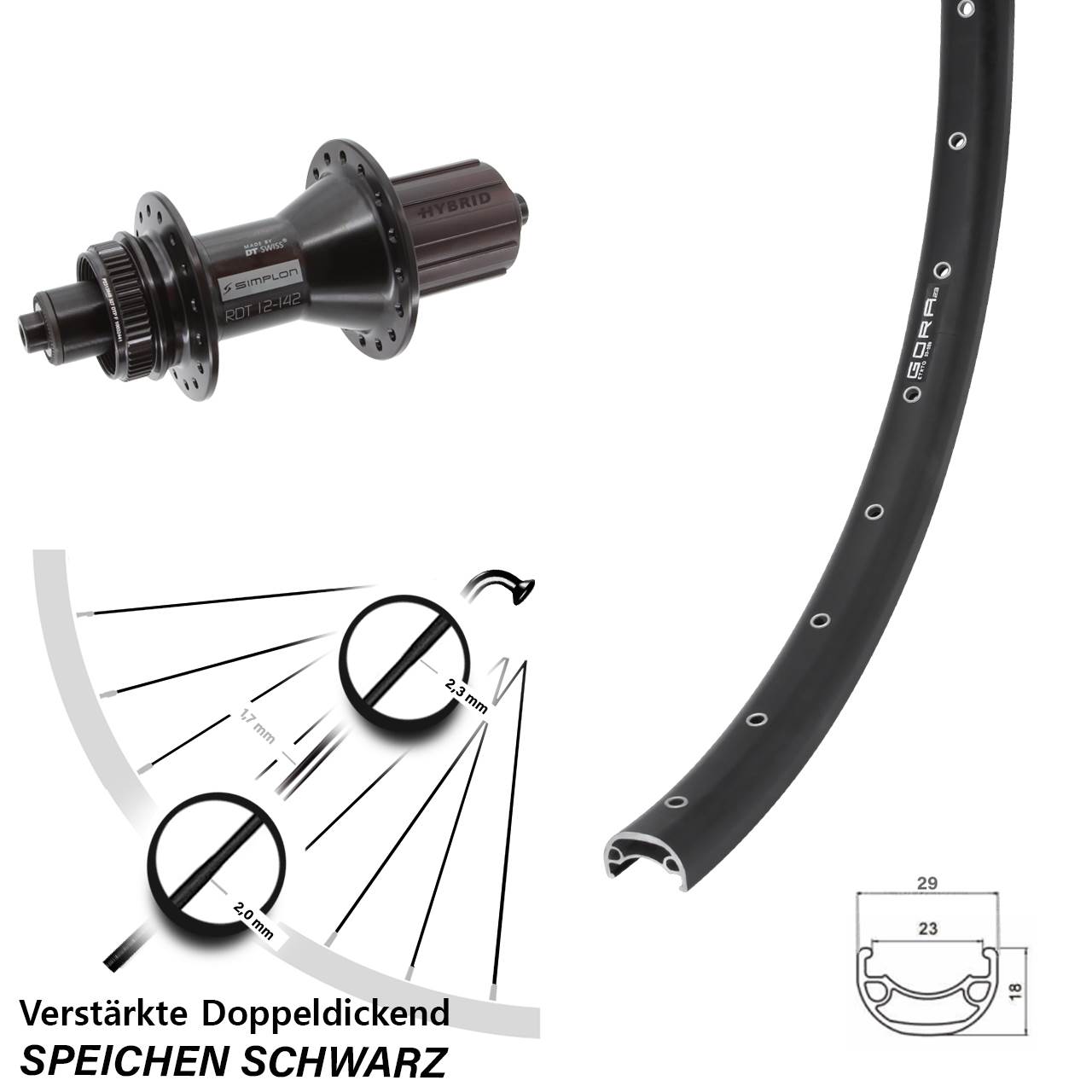 28-29 Zoll Gora 23 DT Swiss 370 Hybrid Disc Hinterrad für Schnellspanner 8-11 fach