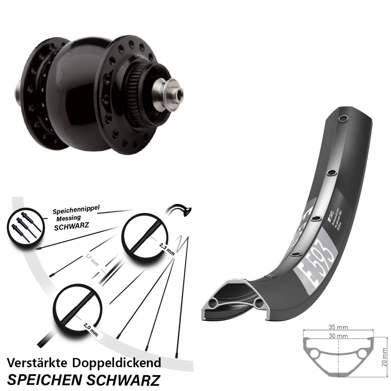 Disc Nabendynamovorderrad 29 Zoll DT Swiss E593 SON delux QR schwarz