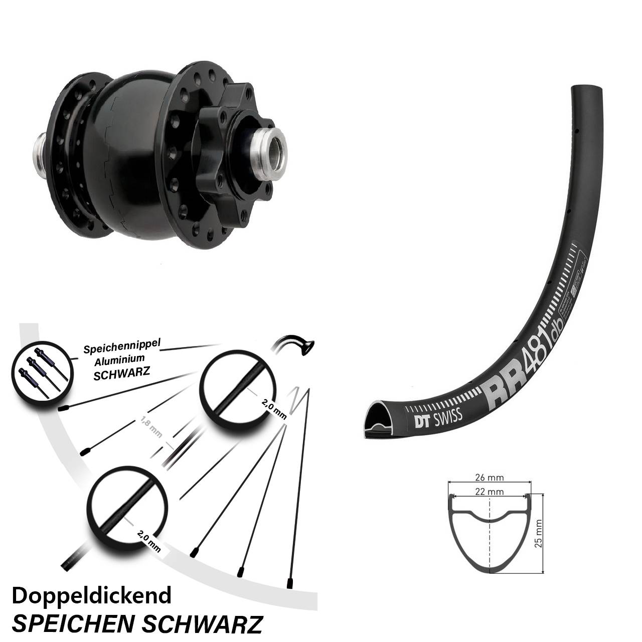 28 Zoll Vorderrad mit Nabendynamo DT Swiss RR 481 Son 28-12 schwarz