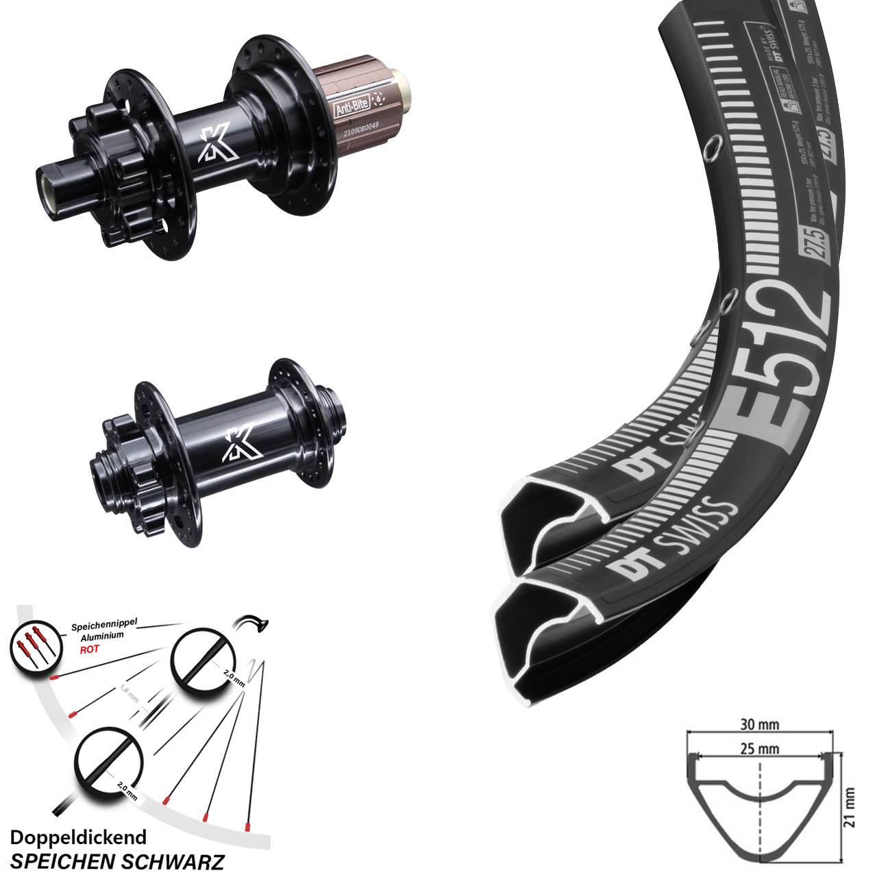 Laufradsatz 29 Zoll DT Swiss E 512 KX-M 6-Loch Disc Steckachse 15x100 12x142 mm 8-12 fach