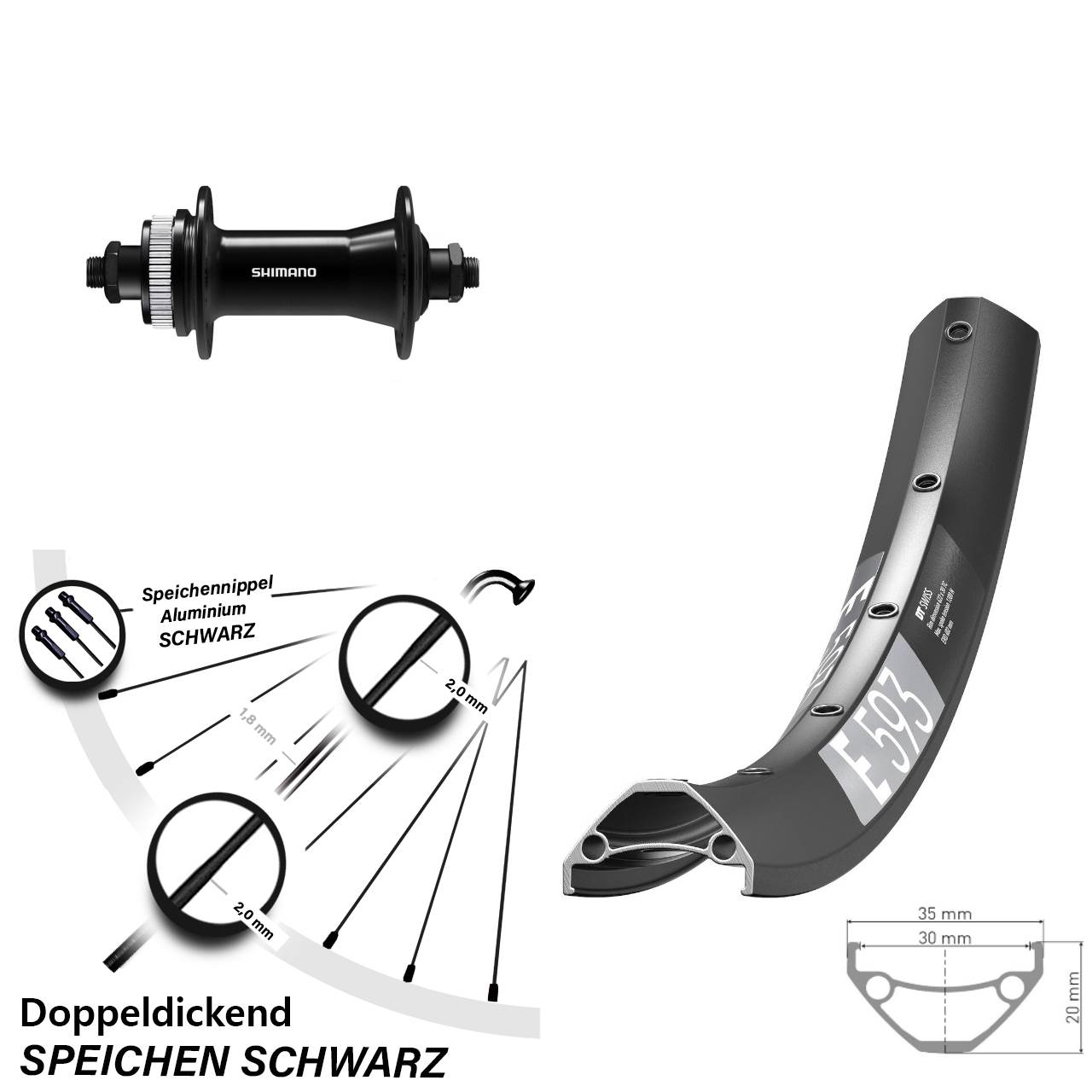 Vorderrad Centerlock für Schnellspanner 29 Zoll DT Swiss E 593 Shimano HB-QC400