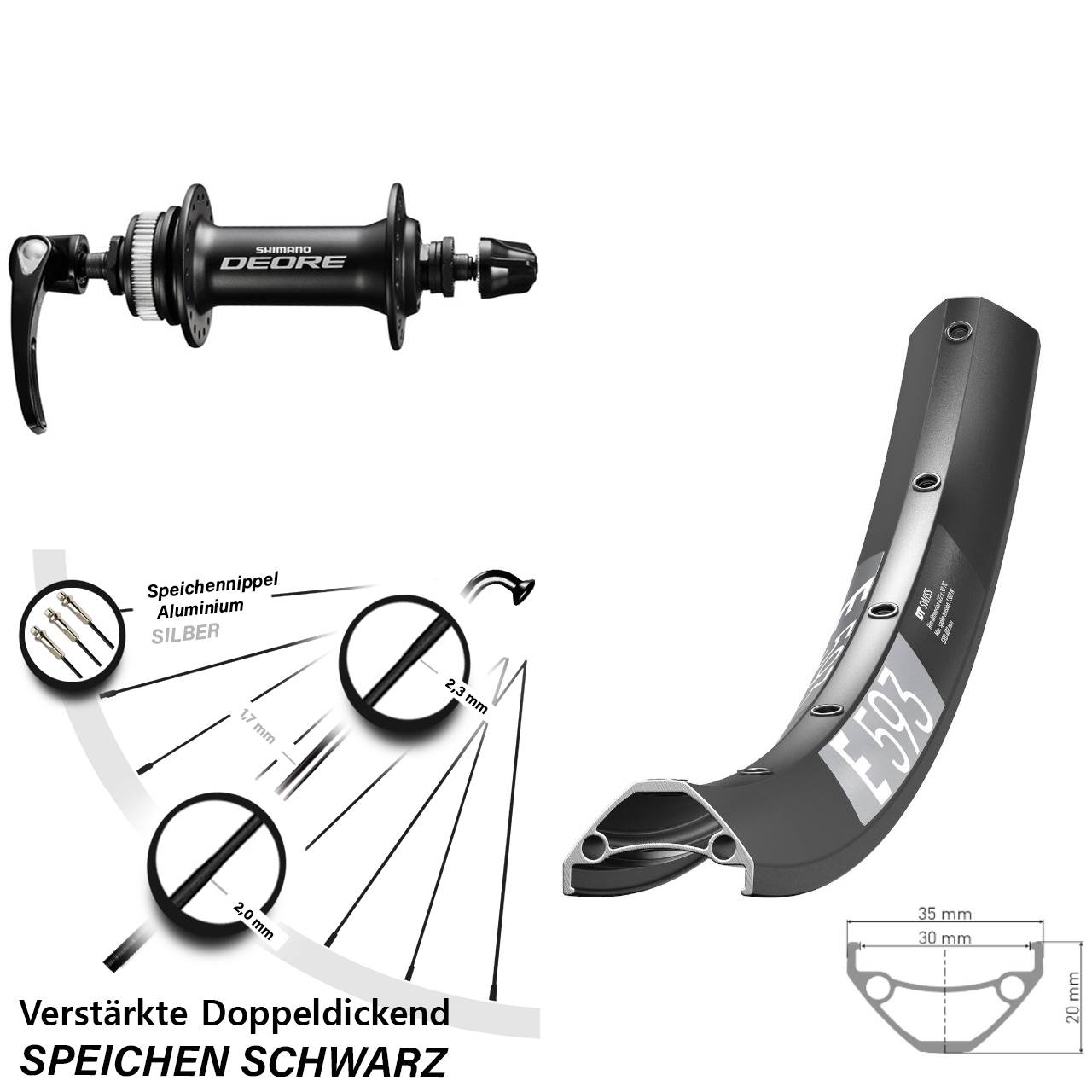 29 Zoll DT Swiss E593 Shimano Deore Centerlock Vorderrad für Schnellspanner