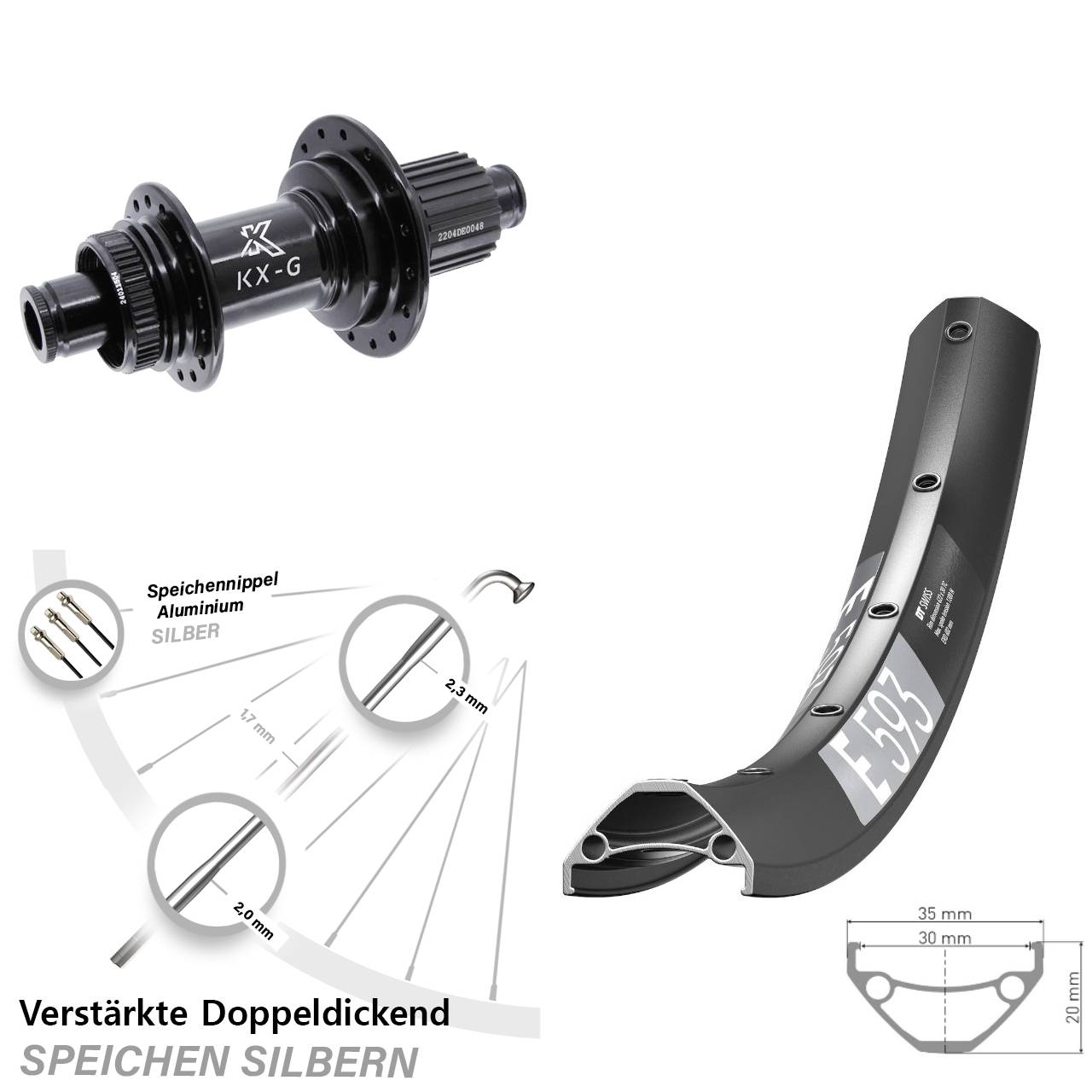 Disc Laufrad 12x142 29 Zoll DT Swiss E593 KX-GS Heavy Duty Shimano Micro Spline