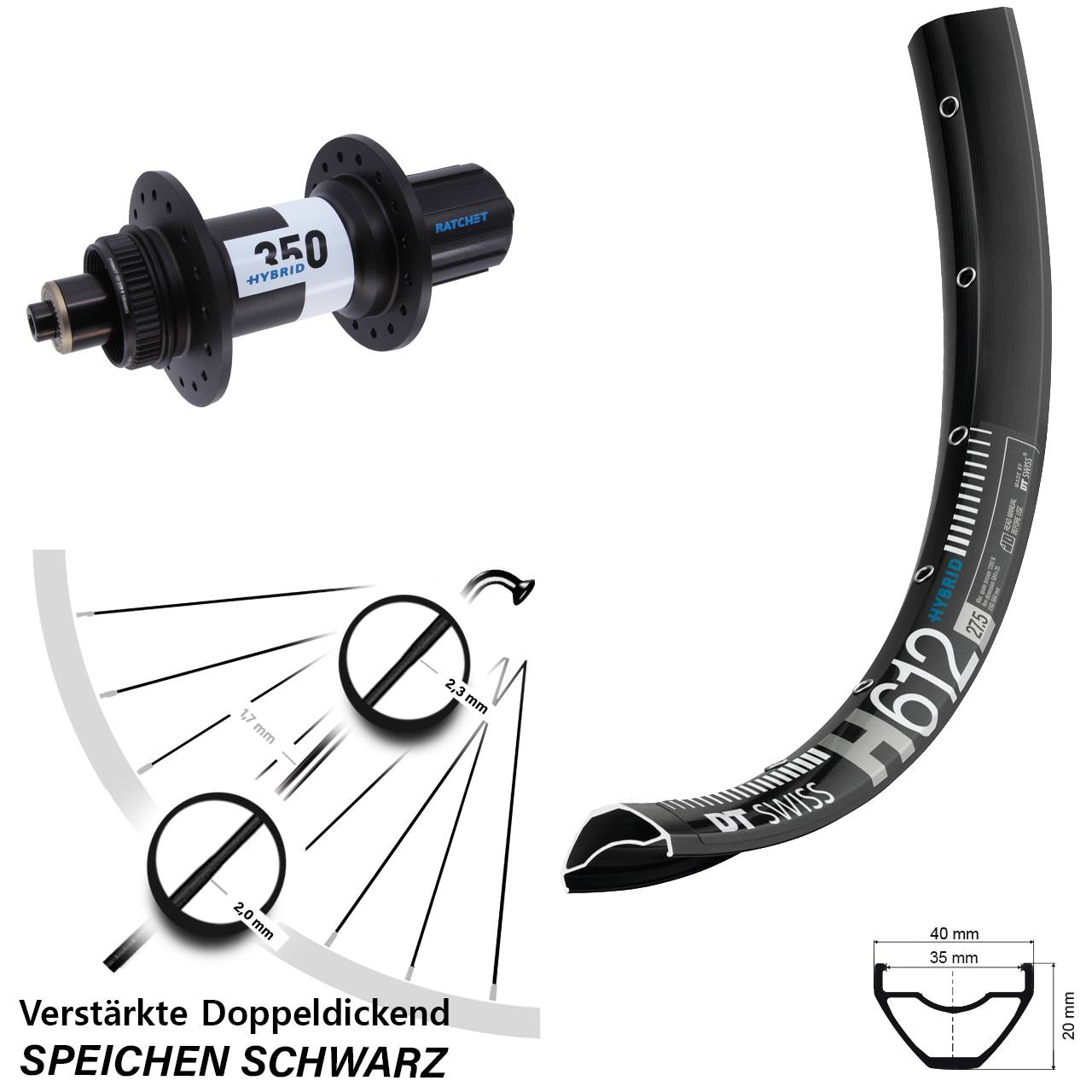 Hinterrad 27,5 Zoll DT Swiss H 612 Hybrid-350 8-11 fach QR