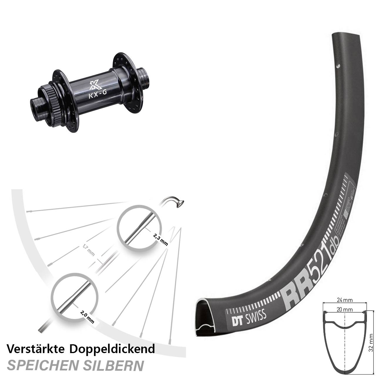 Centerlock Vorderrad 28 Zoll DT Swiss RR521 KX-G Gravel 12x100