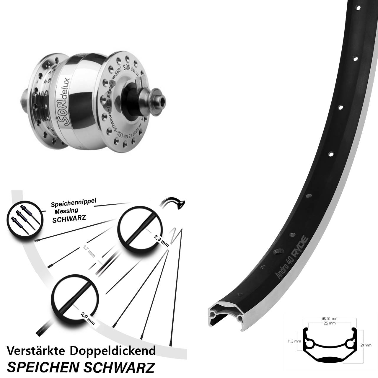 28 Zoll Ryde Andra 40 SONdelux poliert Nabendynamovorderrad für Schnellspanner