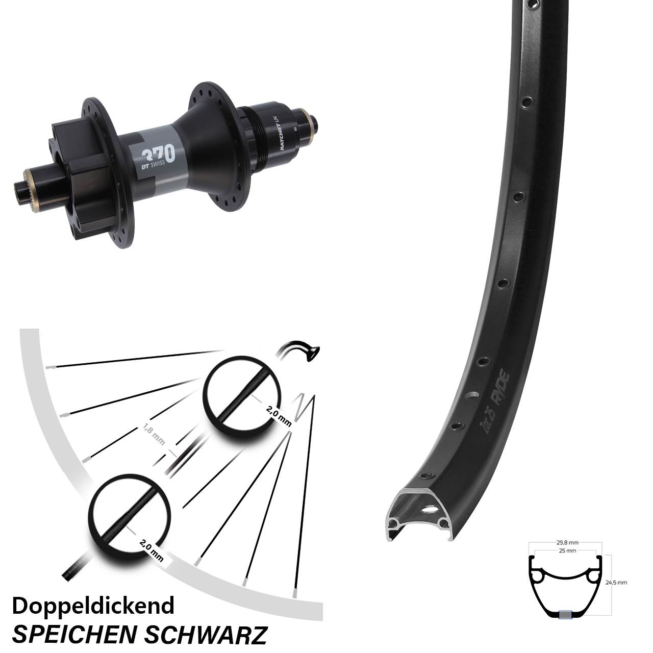 Hinterrad 6-Loch 29 Zoll Ryde ZAC 25 DT Swiss 370 XD 11-12 fach für Schnellspanner Boost