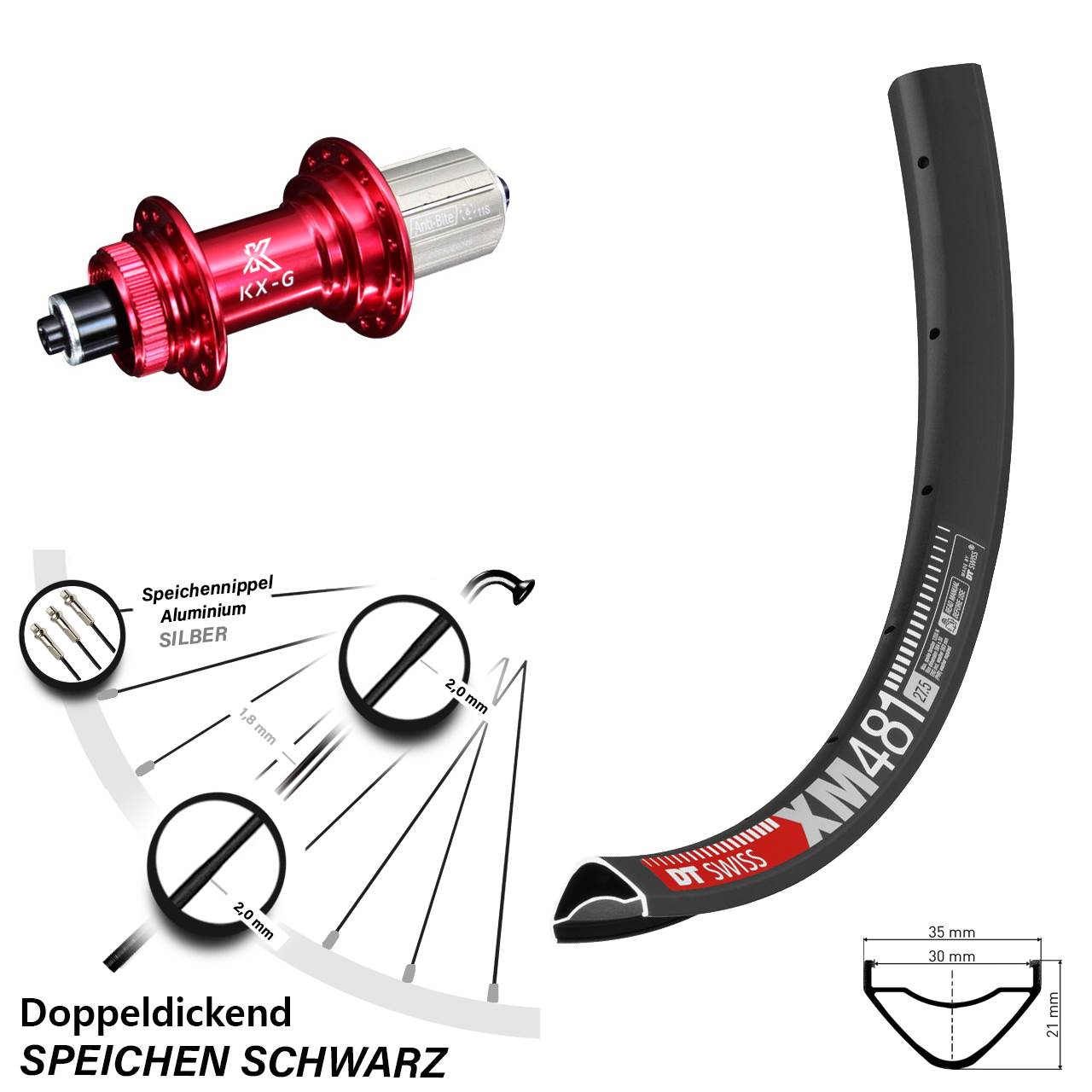 Hinterrad Centerlock für Schnellspanner 27,5 Zoll DT Swiss XM 481 KX-G rot 8-12 fach HG