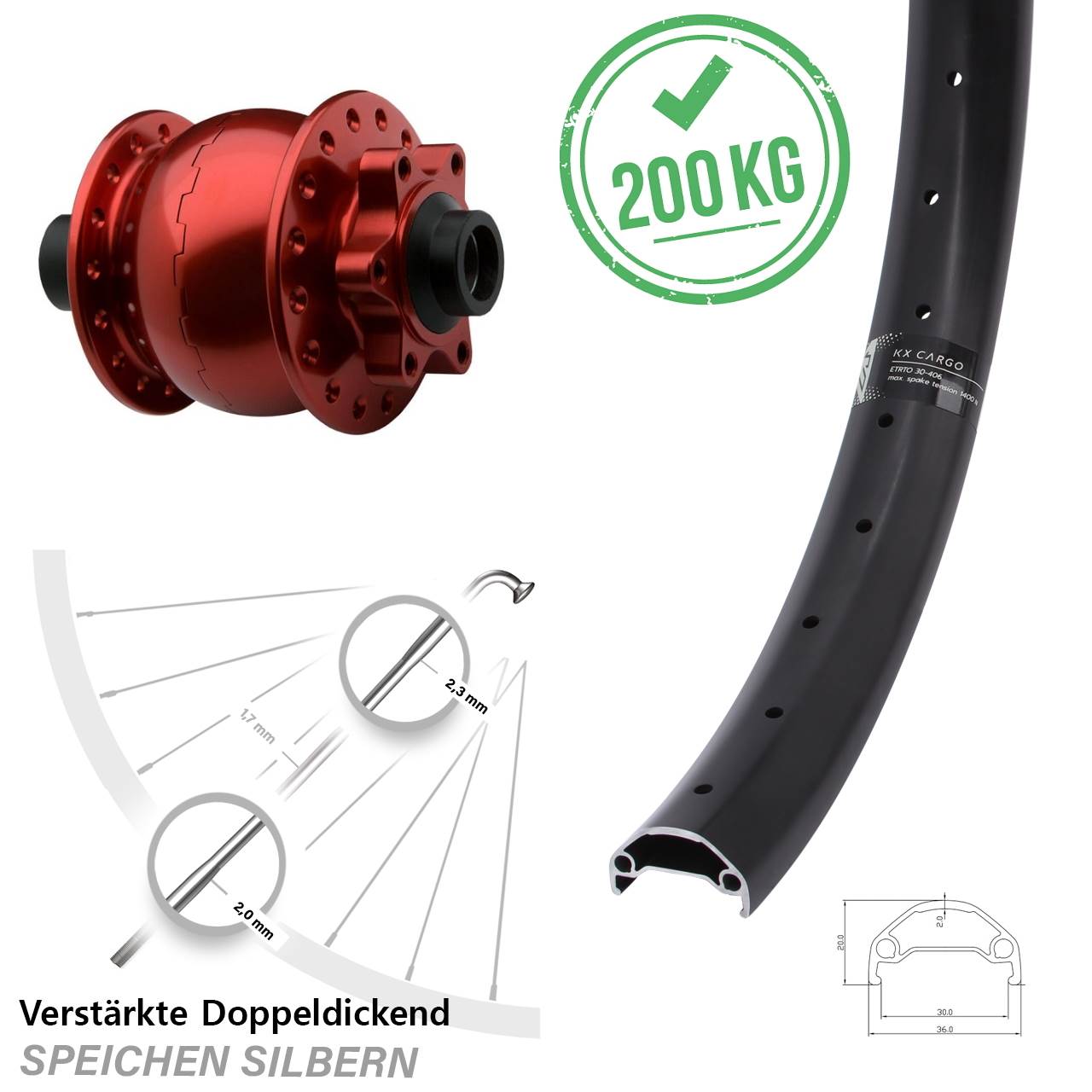 20 Zoll Vorderrad SON Dynamo rot 6-loch KX Cargo Lastenrad verstärkt 30 mm breit