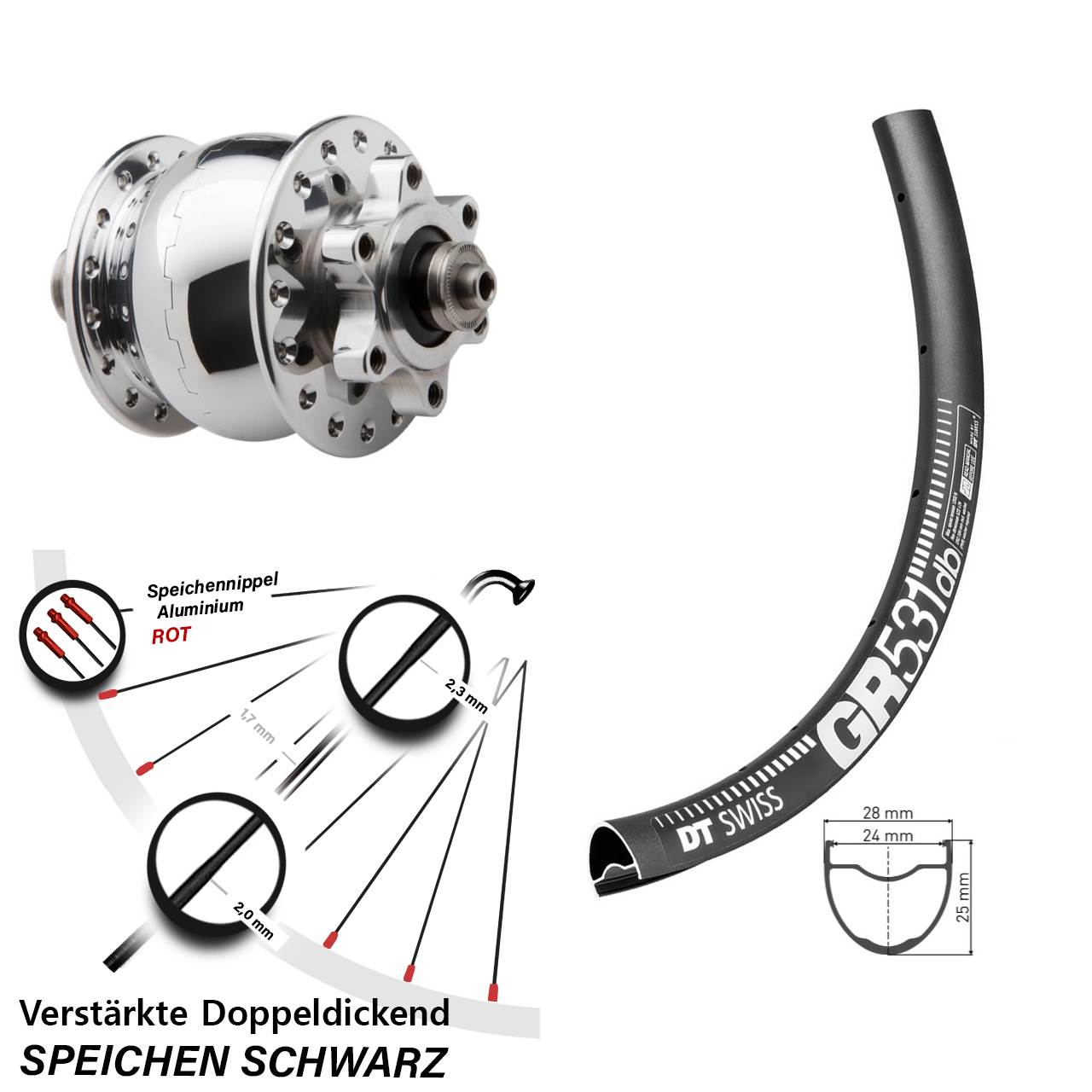 27,5 Zoll DT Swiss GR531 SON 28 silbern Disc Nabendynamolaufrad für Schnellspanner