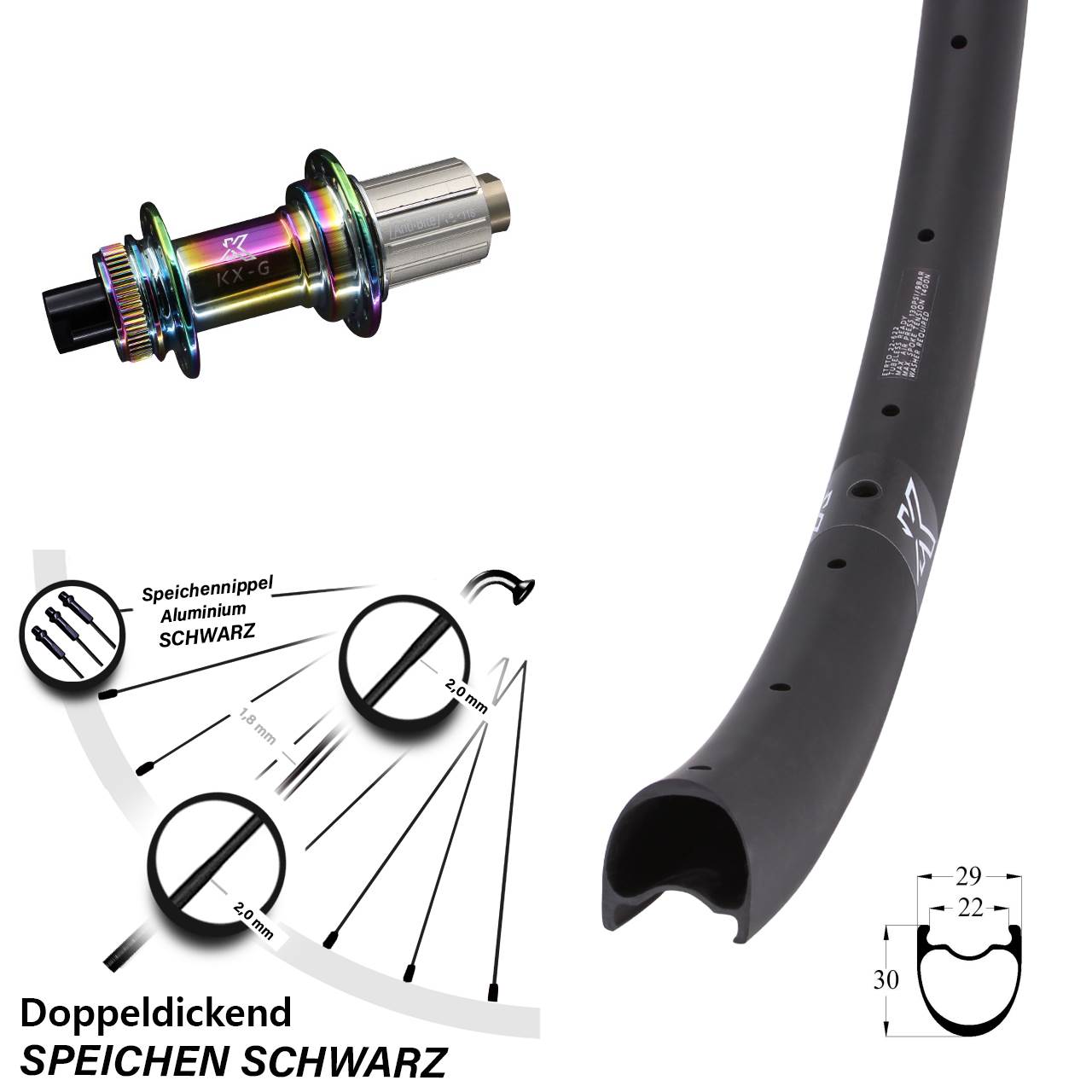 Centerlock Hinterrad 28 Zoll KX-GRC Gravel Carbon Oilslick 8-12 fach HG 12x142