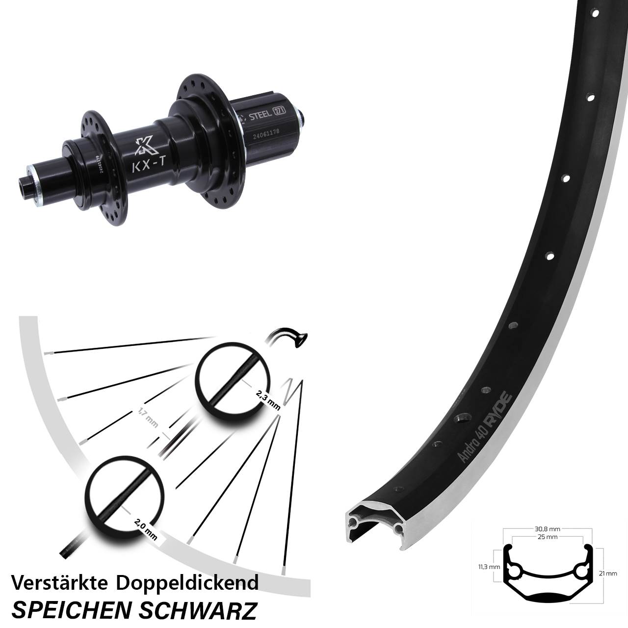 Hinterrad 20 Zoll Ryde Andra 40 KX-TS 8-12 fach HG für Schnellspanner