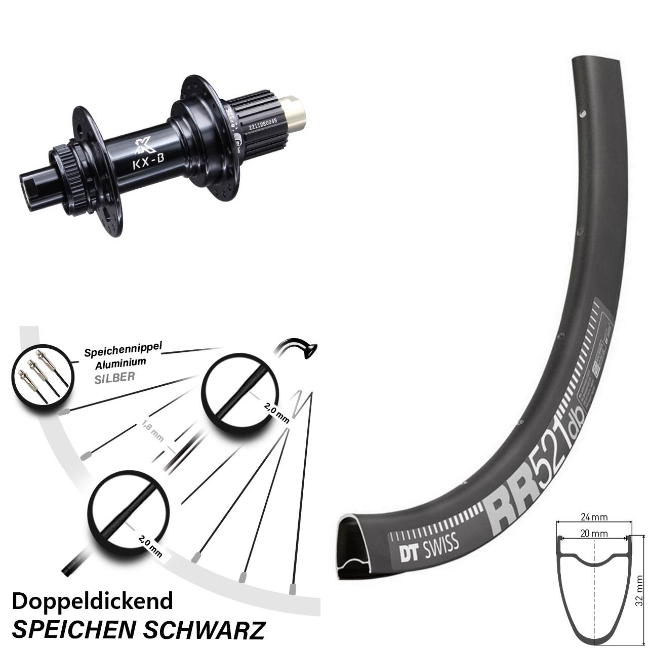 Laufrad 28 Zoll DT Swiss RR521 Disc KX-B Centerlock 12/148 Boost Micro Spline schwarz
