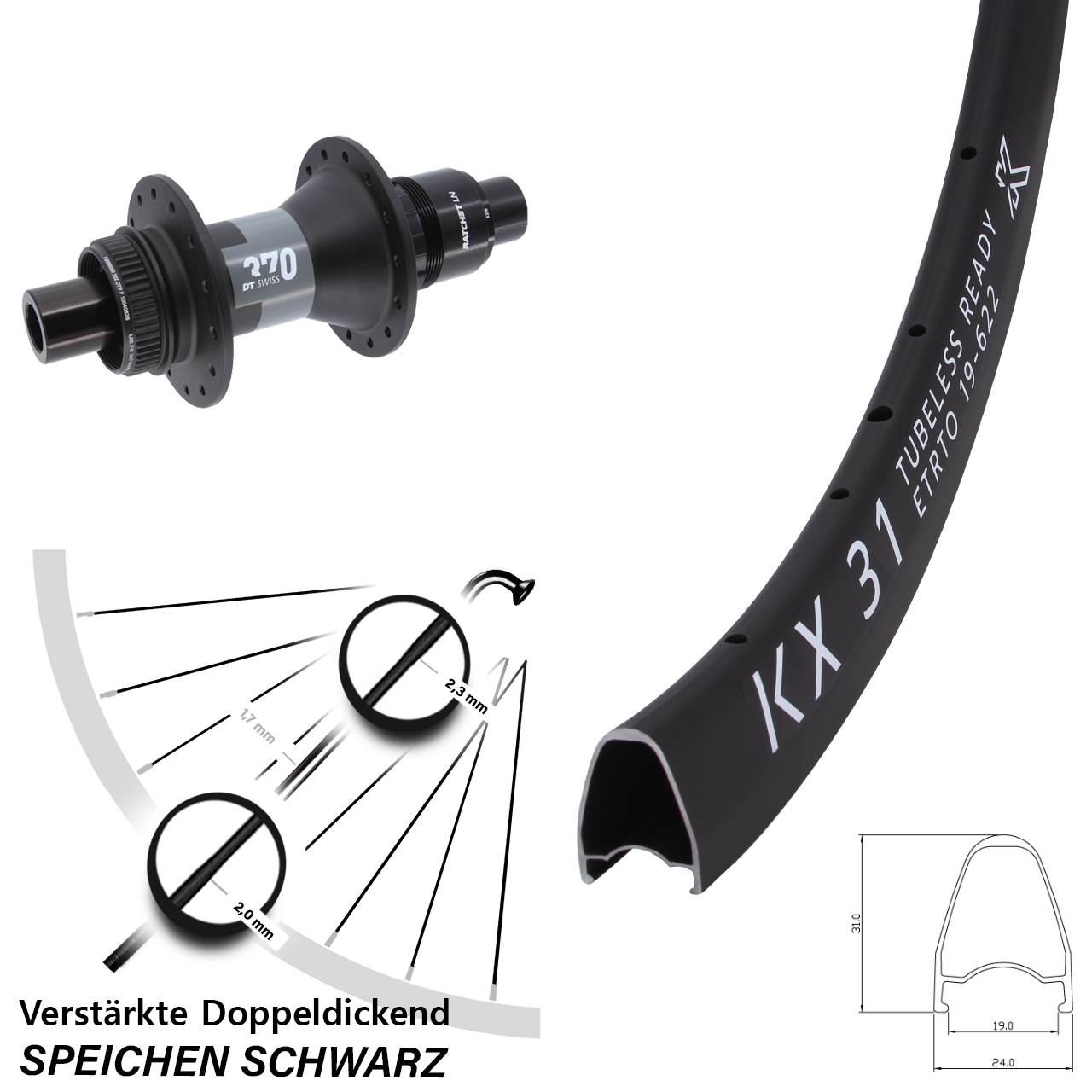 Hinterrad Centerlock 12x142 28 Zoll KX31 DT Swiss 370 SRAM XDR
