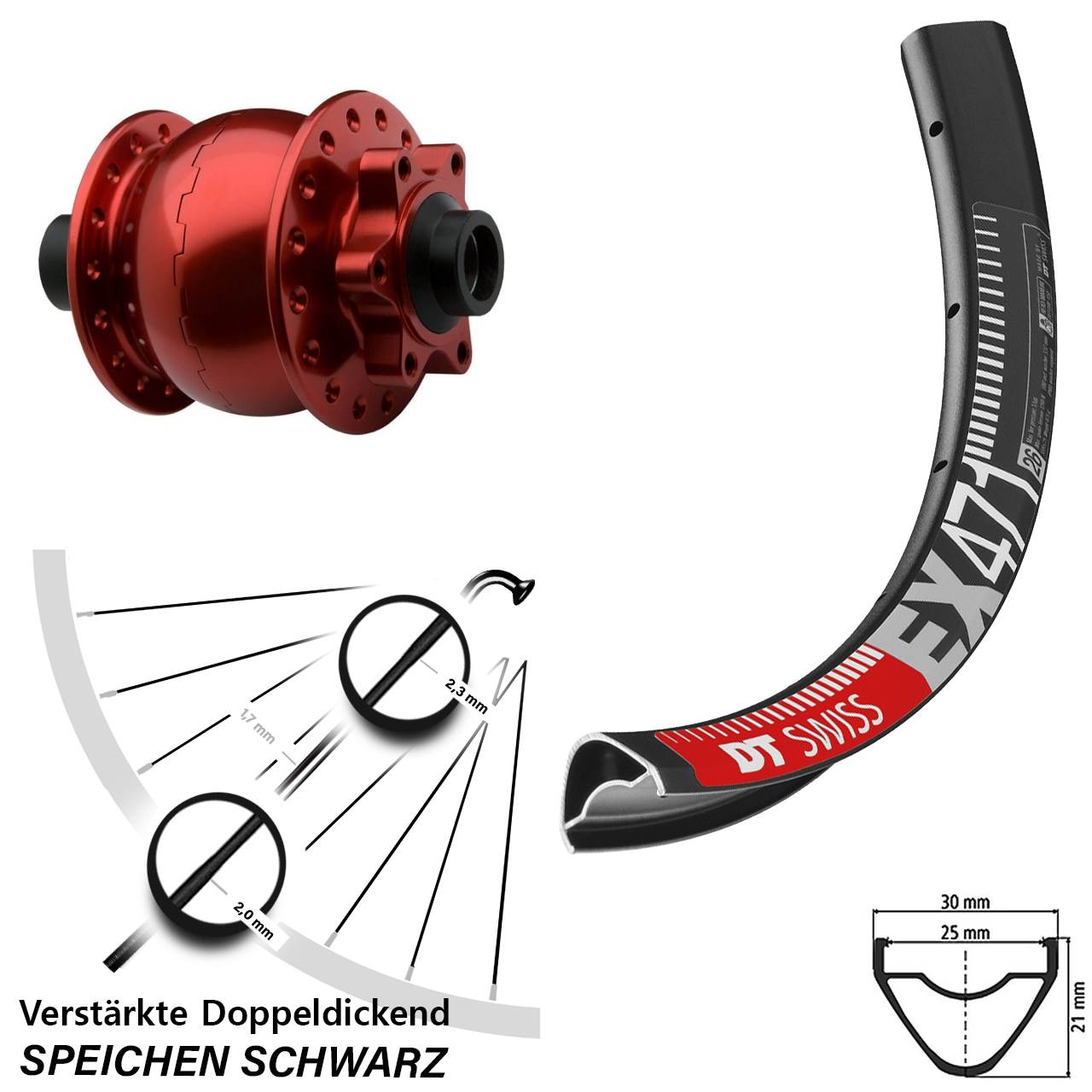 Vorderrad 29 Zoll DT Swiss EX 471 SON 28 15x100 6-Loch rot eloxiert