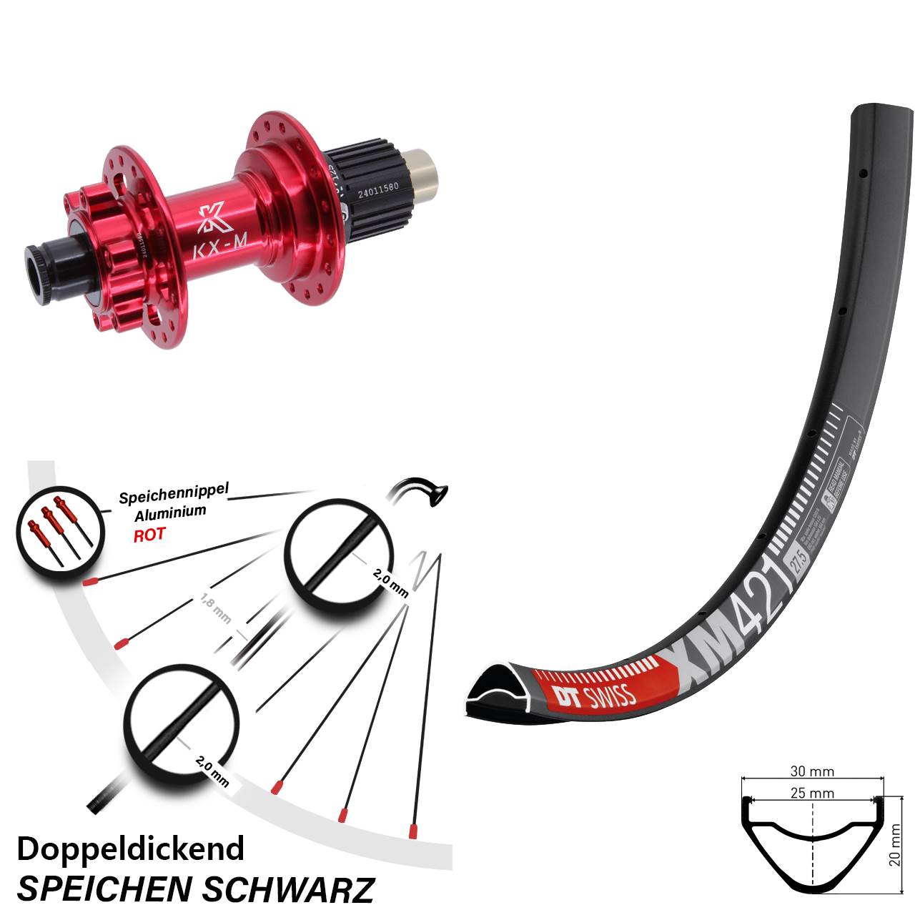 27,5 Zoll DT Swiss XM 421 Hinterrad KX-M rot Micro Spline 12x142