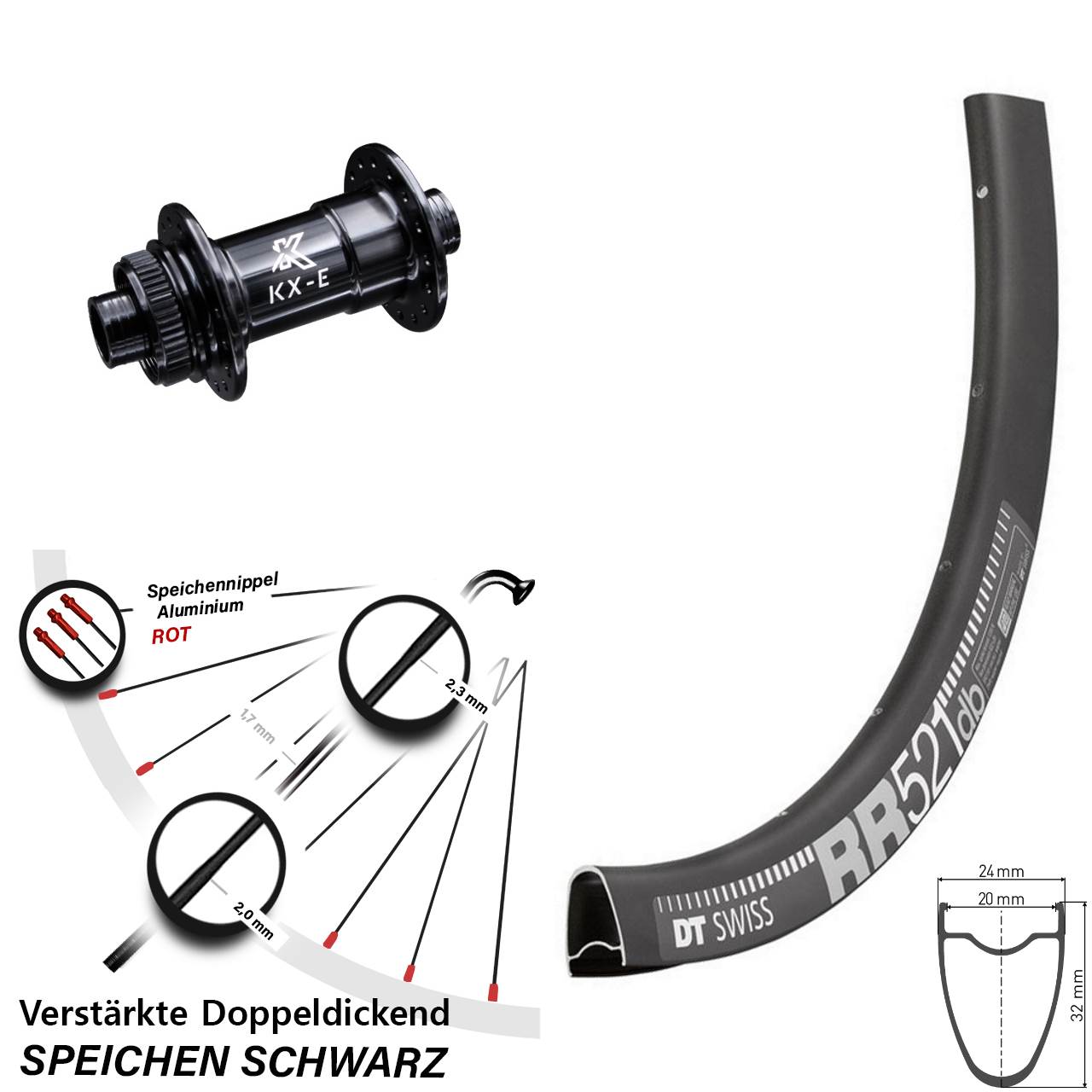 Vorderrad Centerlock 15x100 28 Zoll DT Swiss RR521 KX-E 4-fach gelagert