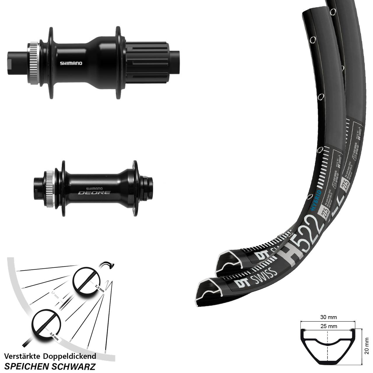 27,5 Zoll DT Swiss H 522 Shimano Deore FH-TC500-B Laufradsatz Centerlock 15x110 12x148