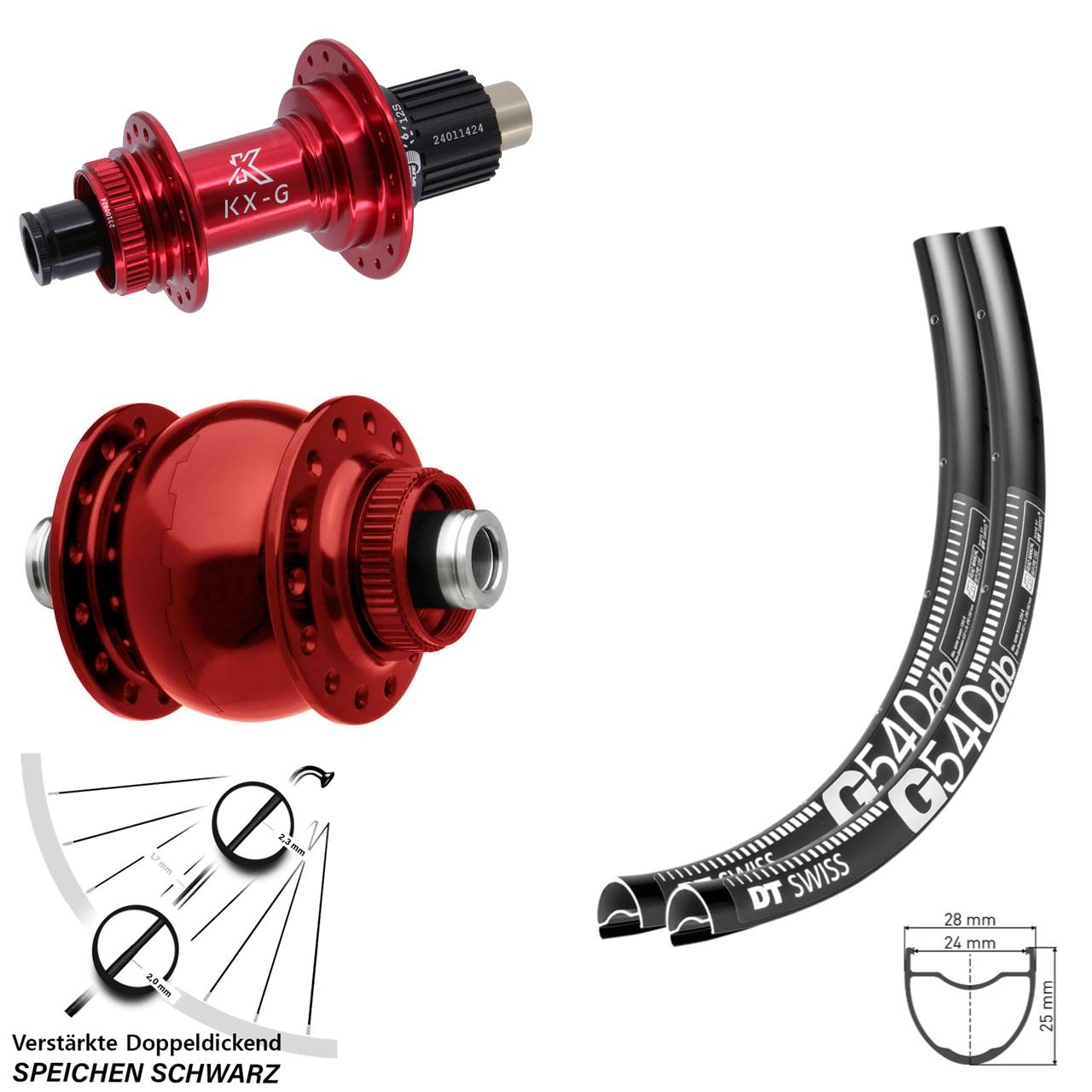 28-29 Zoll DT Swiss G540 KX-G rot SON 28 Disc Laufrad-Satz 12x100/142 Shimano Micro Spline
